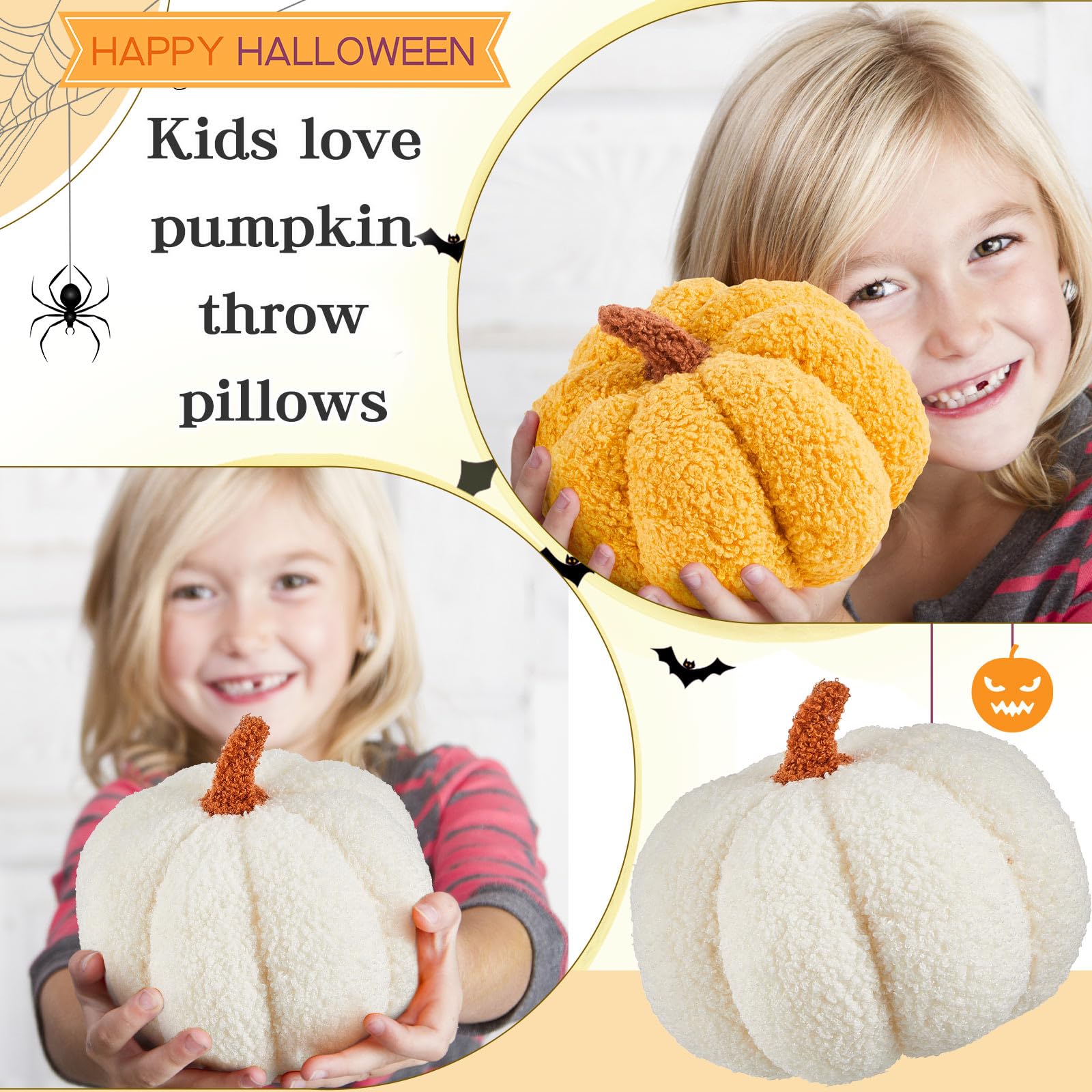 Juexica Halloween Stuffed Pumpkin Fluffy Plush Toy 3D Shaped Decorative Thanksgiving Pillow Soft Cute Throw, 11 Inch, 7 Inch(Whi