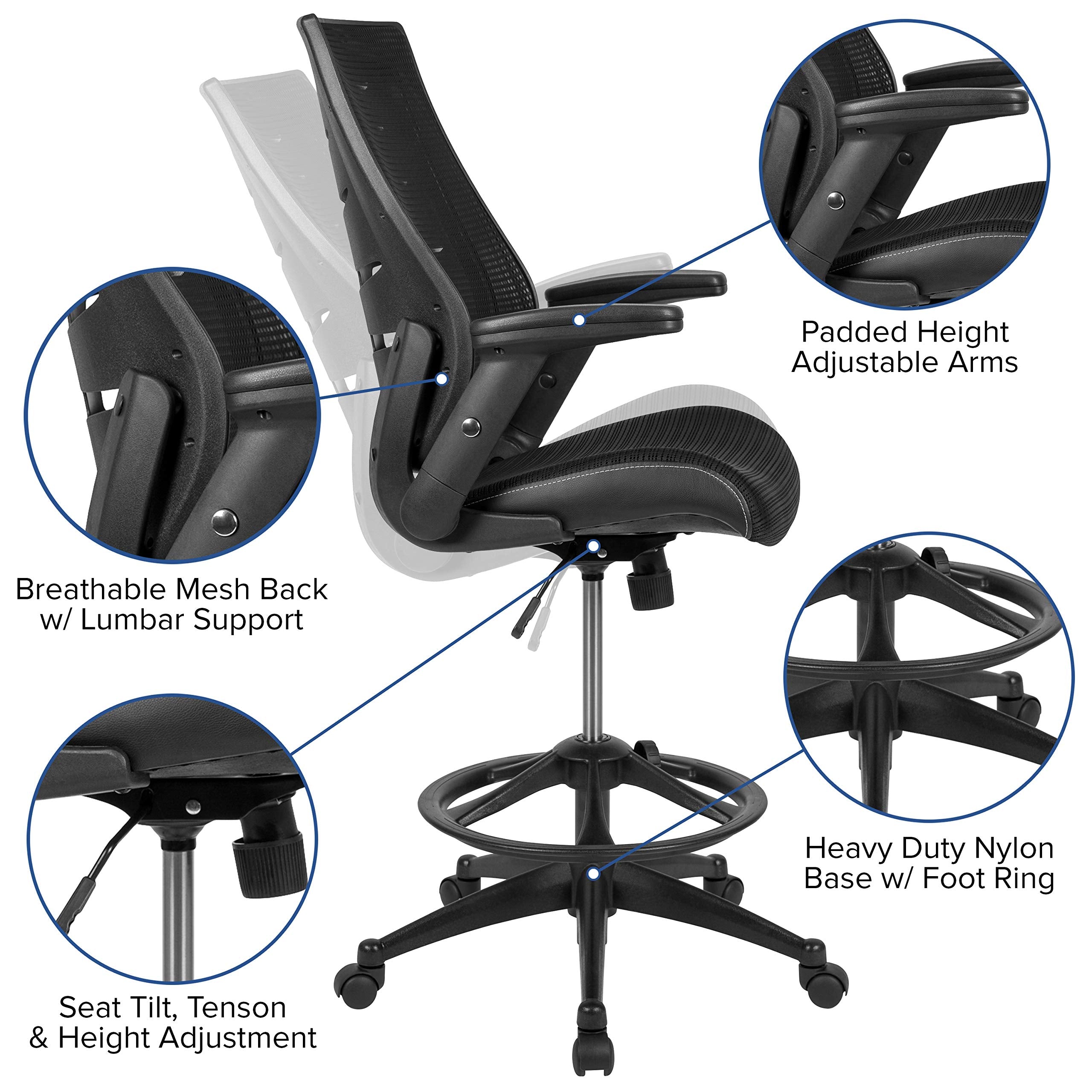 Flash Furniture Kale High-Back Ergonomic Mesh Office Chair With Flip-Up Arms And Adjustable Foot Ring, Spine-Back Tall Executive Swivel Chair, Black