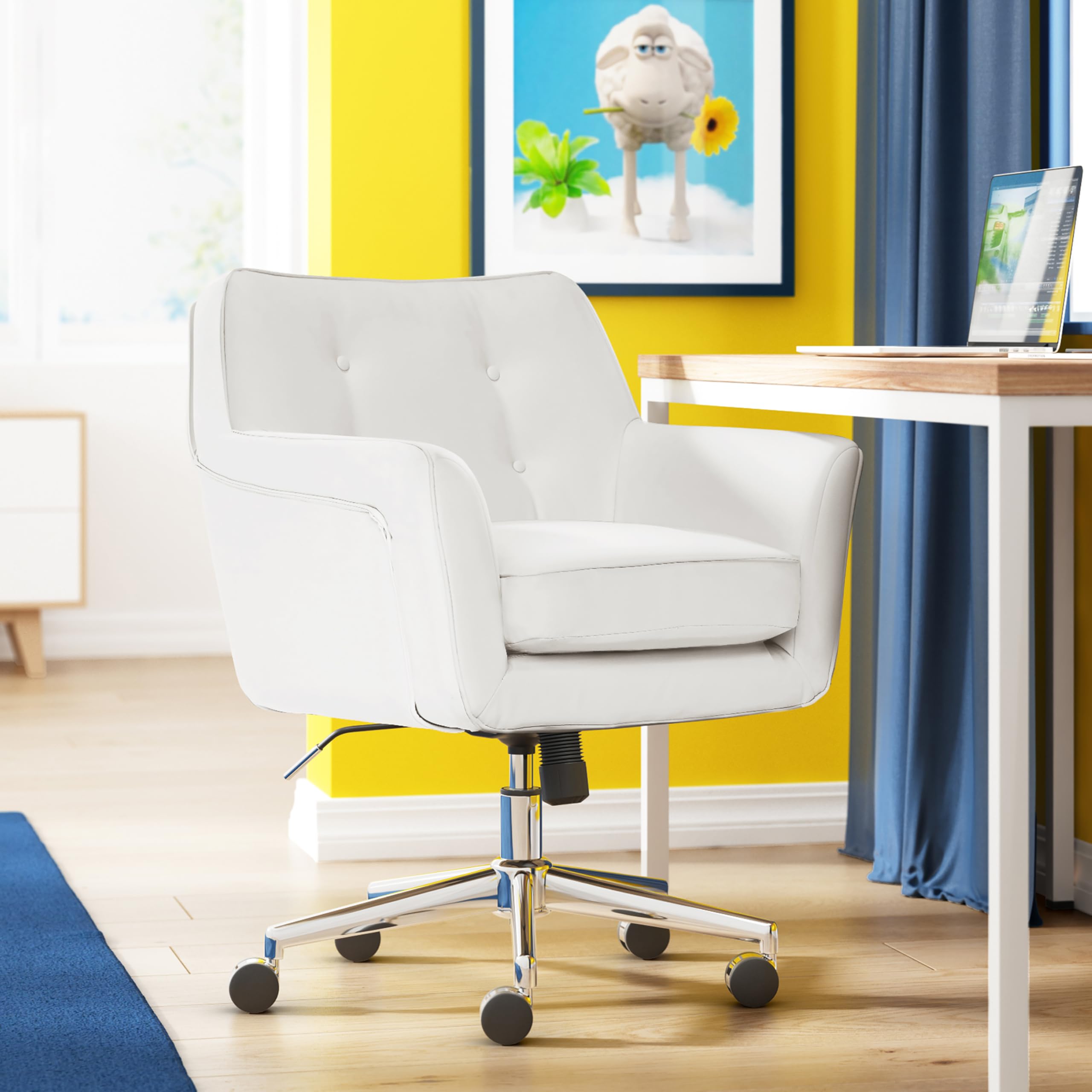Serta Ashland Home Office Desk Chair With Button Tufted Back, Memory Foam Cushion And Padded Arms, Mid Century Modern Vanity Armchair With Wheels For Bedroom, Chrome Metal Base, White