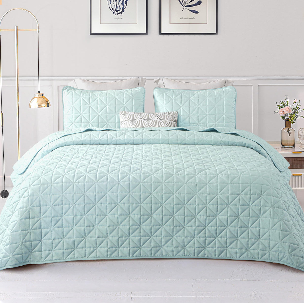 Exclusivo Mezcla Quilts King Size Bedding Set with Stitched Grid Pattern, Lightweight Summer Spa Blue Bedspreads Coverlets Bed C