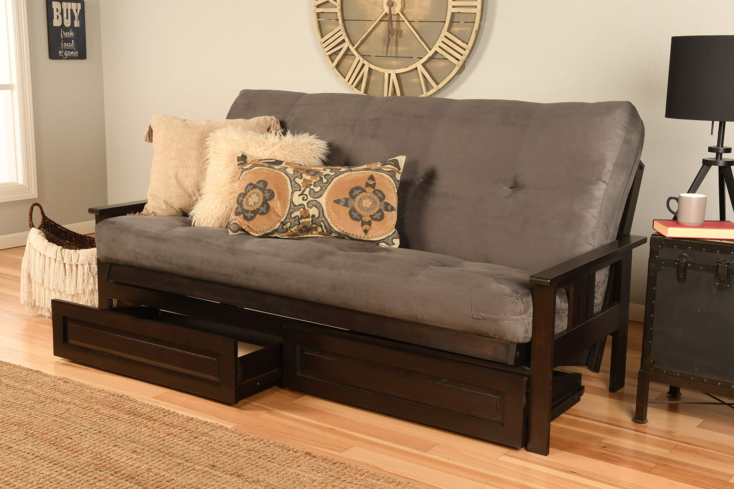 Kodiak Furniture Monterey Futon Set With Storage Drawers, With Espresso Base And Suede Grey Mattress