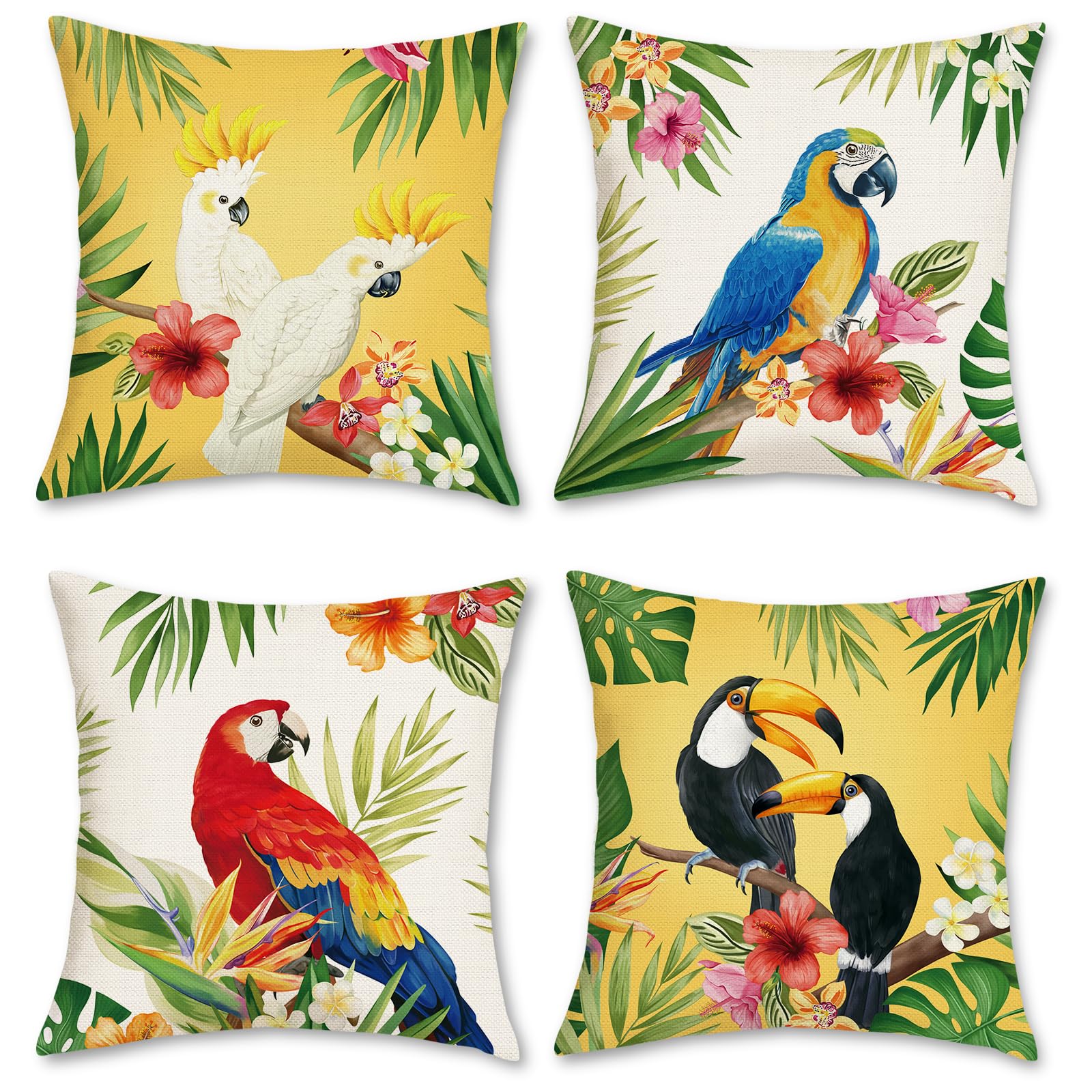 Bonhause Tropical Birds Toucan Throw Pillow Covers 18 X 18 Inch Parrots Flowers Leaves Outdoor Decorative Pillows Polyester Line