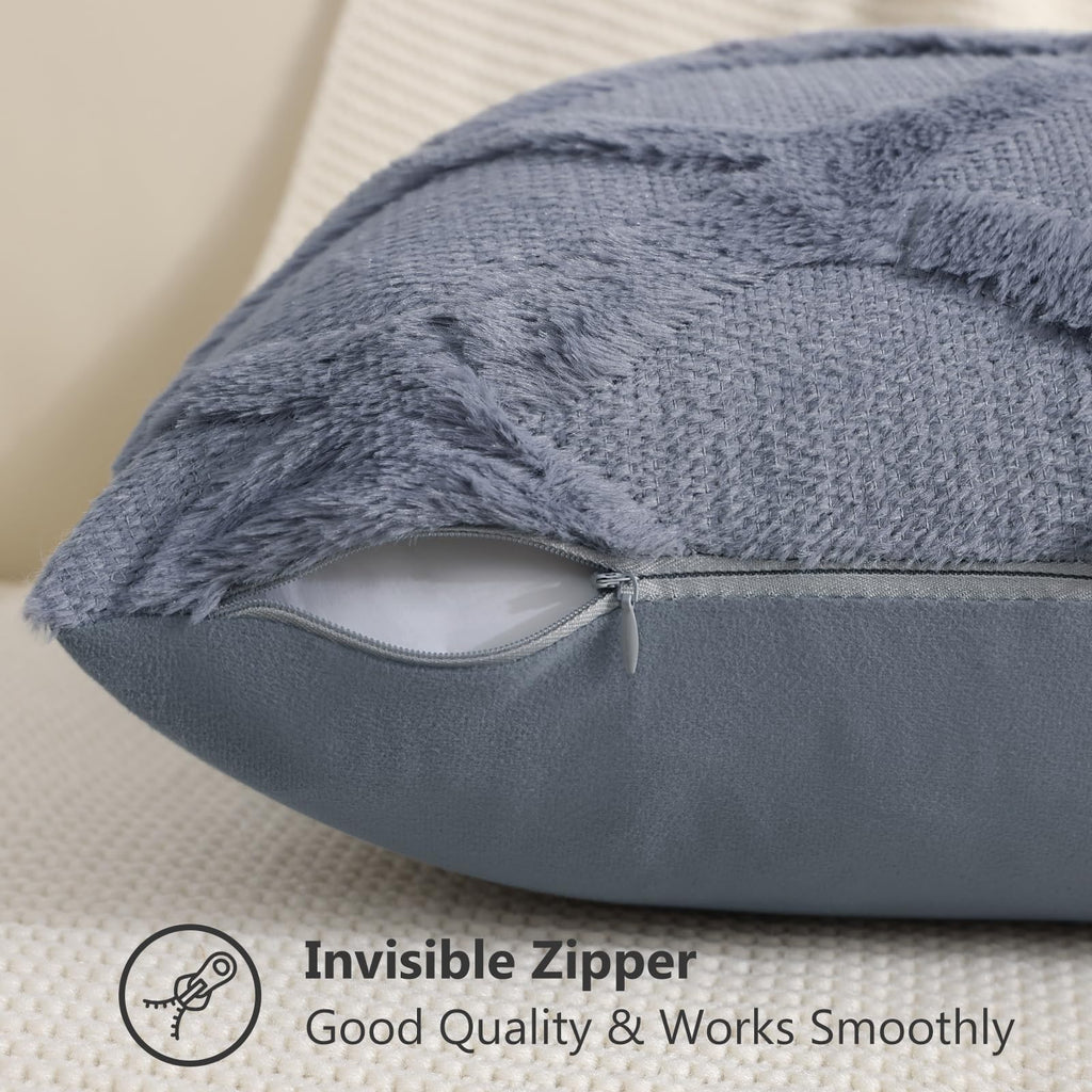 Decoruhome Throw Pillow Covers 12X20 Inch Set Of 2, Soft Plush Faux Fur Wool Lumbar Blue Grey Couch Pillow Covers, Decorative Pillow Cases For Bed Sofa Living Room Home Decor