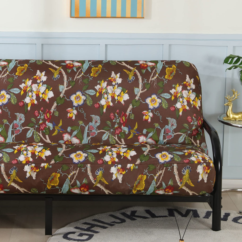 Octorose Full Size 3 Side Zipper Linen Brown Birds Printing Futon Cover Slipcover Sofa Day Bed Couch Mattress Cover Protector (C