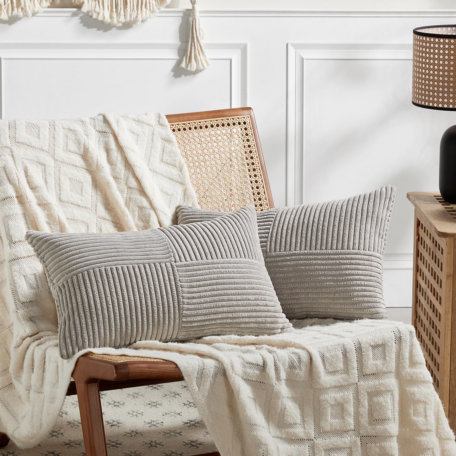 Fancy Homi 2 Packs Neutral Grey Lumbar Decorative Throw Pillow Covers 12X20 Inch For Living Room Couch Bed Sofa, Farmhouse Home