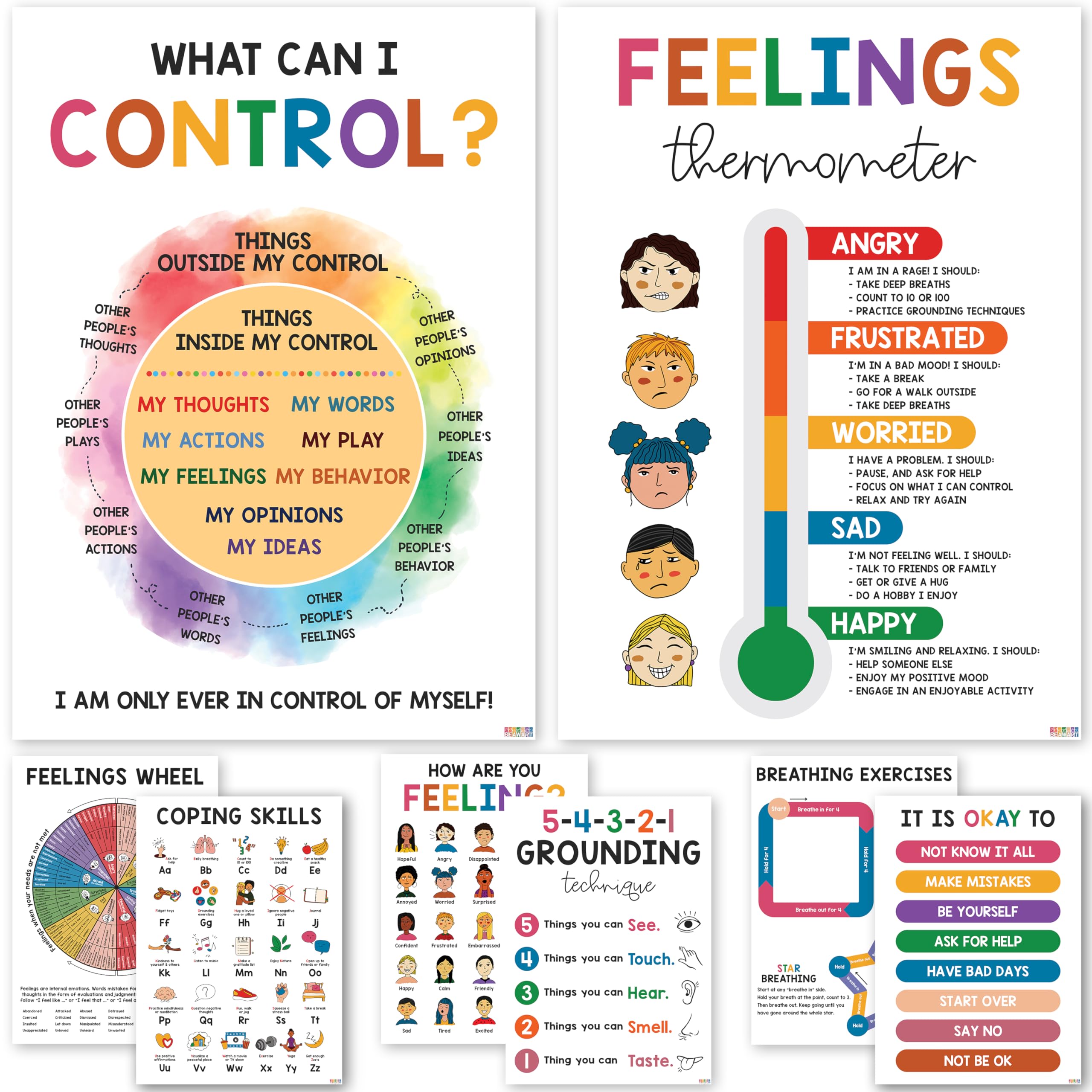 8 Pcs Mental Health Posters For Kids (10'X14') Therapy Office Decor, Feeling Wheel Poster, What Can I Control, Emotions Chart
