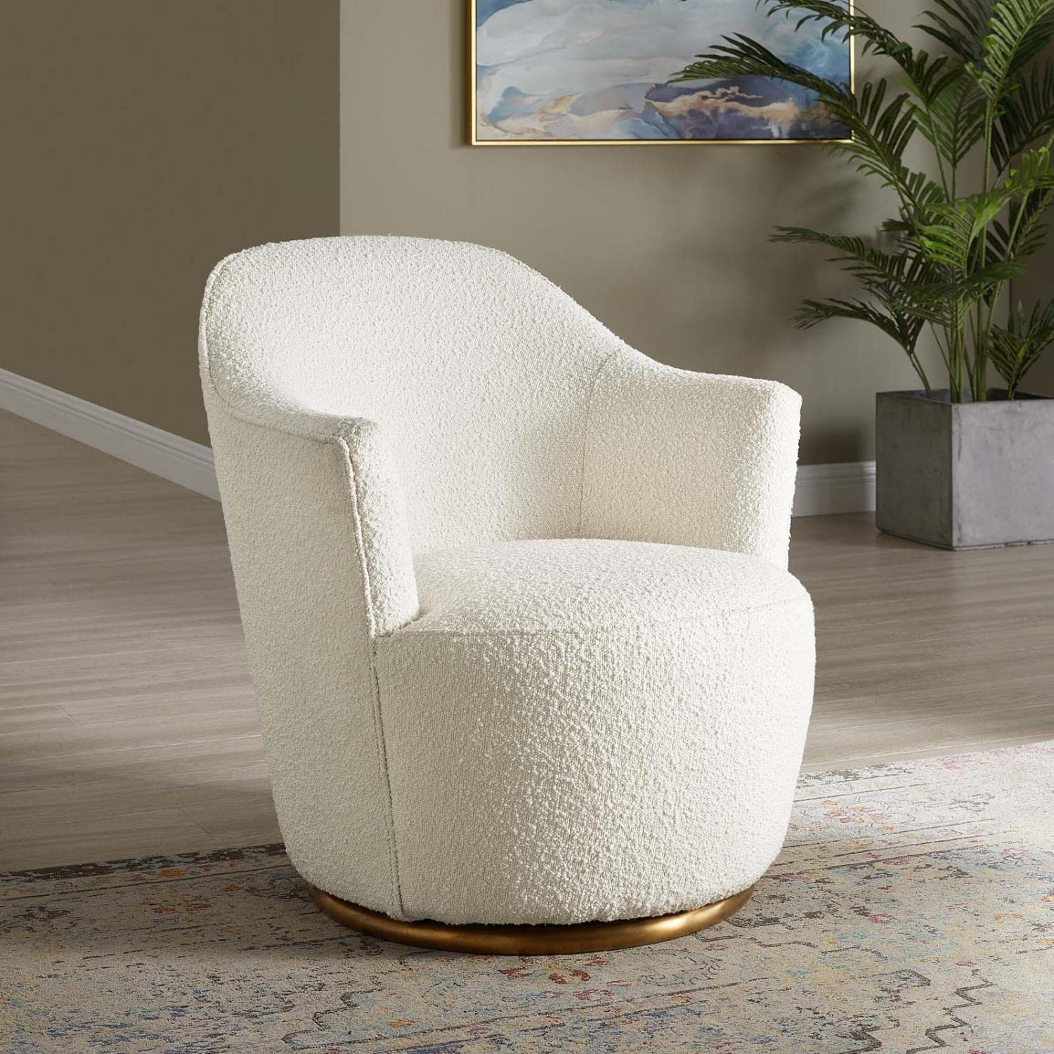 Modway Nora Boucle Upholstered Swivel Chair With White Finish Eei-5311-Whi