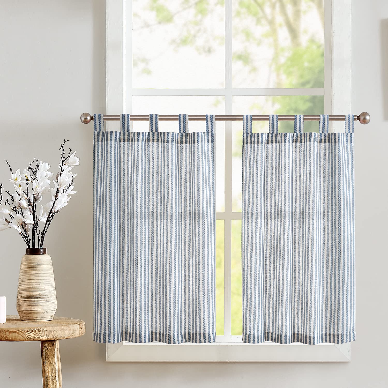 Jinchan Kitchen Curtains Linen Striped Tier Curtains 36 Inch Ticking Stripe Cafe Curtains Pinstripe Farmhouse For Bathroom Rv 2 Panels Blue On Beige