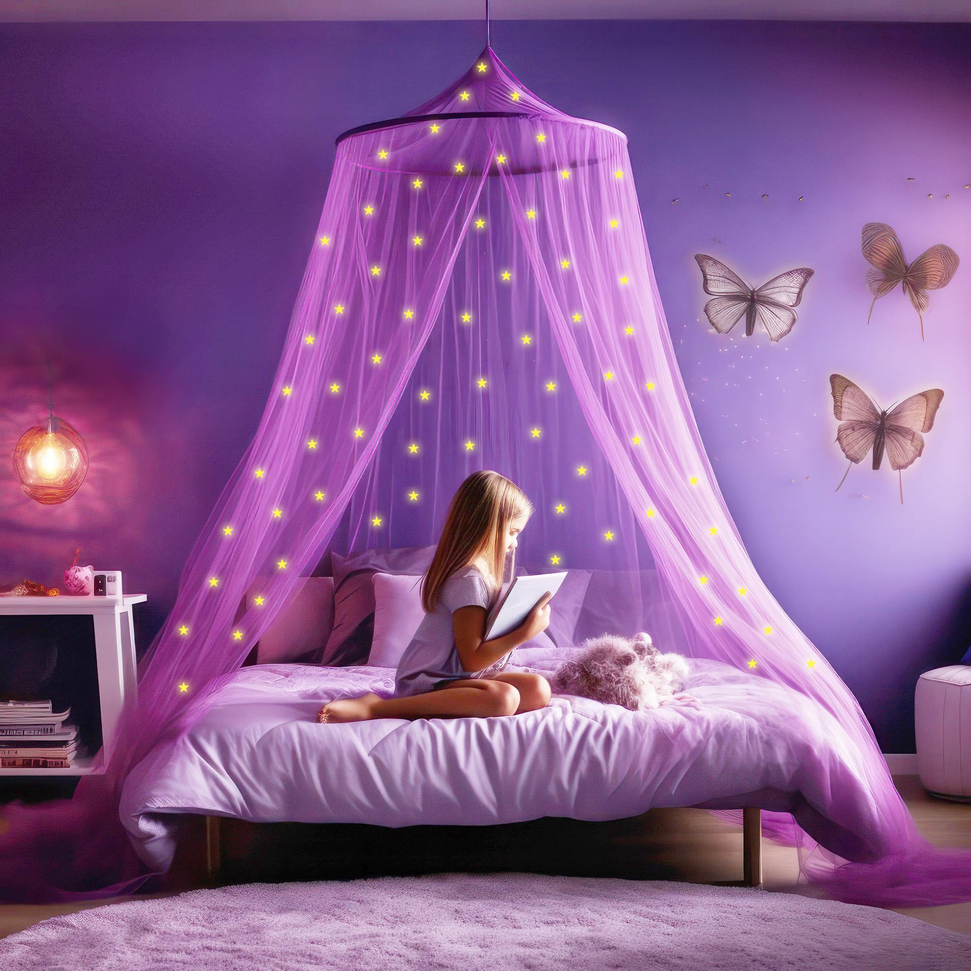 Purple Canopy For Girls Bed With Pre-Glued Glow In The Dark Stars - Princess Mosquito Net Room Decor - Kids & Baby Bedroom Tent