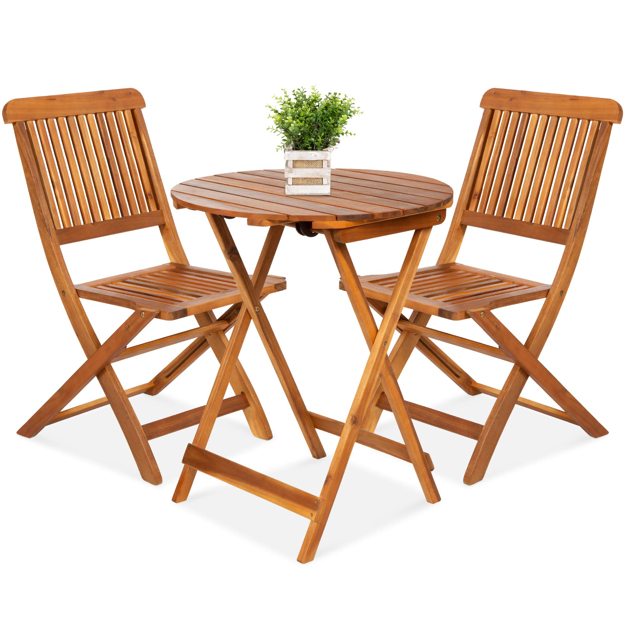 Best Choice Products 3-Piece Acacia Wood Bistro Set, Folding Patio Furniture For Backyard, Balcony, Deck W/ 2 Chairs, Round Coffee Table, Teak Finish - Natural