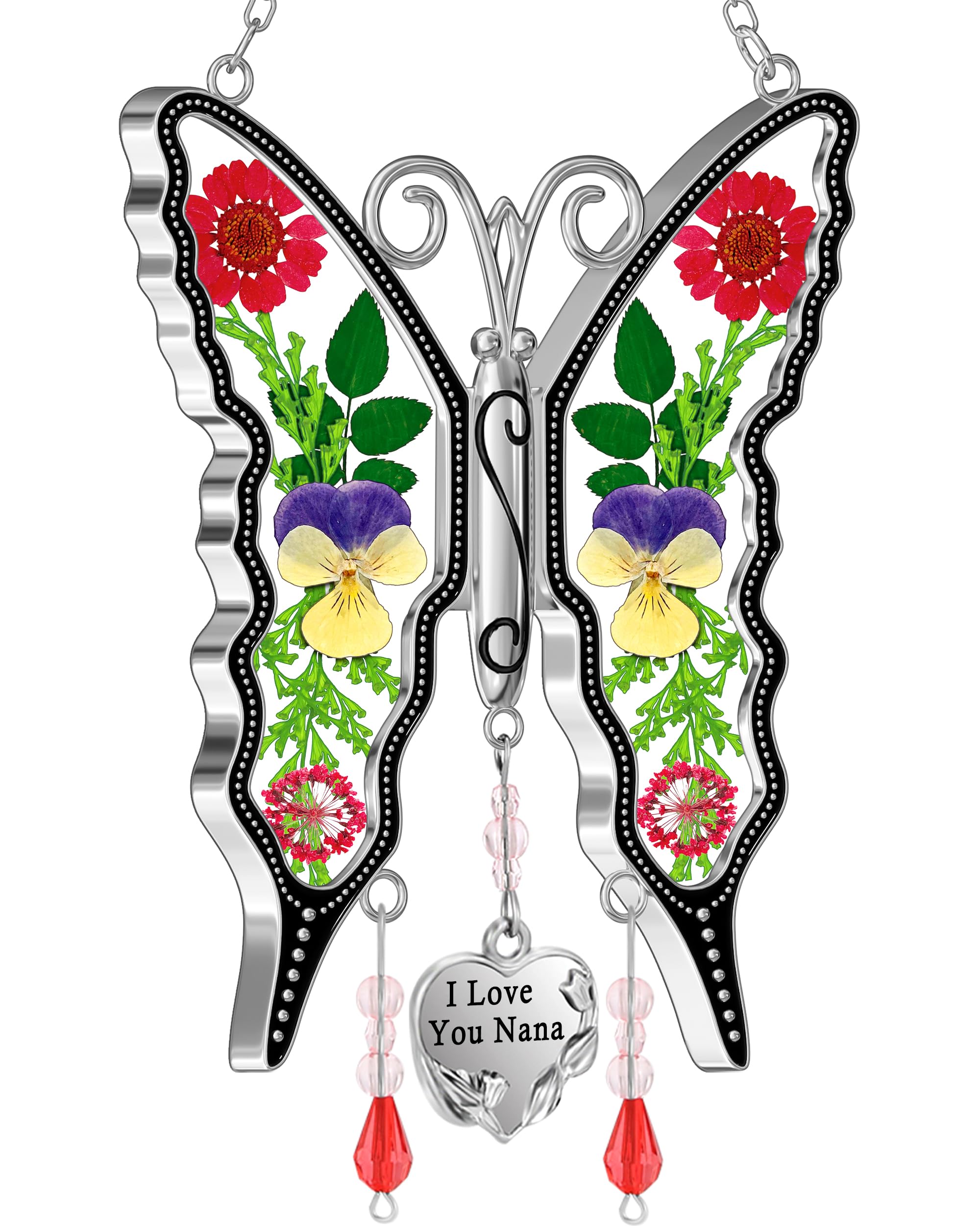 Ky&Bosam Butterfly Suncatcher Stained Glass Hangings For Windows I Love You Nana Sun Catcher Pressed Real Flower Wing In Glass D