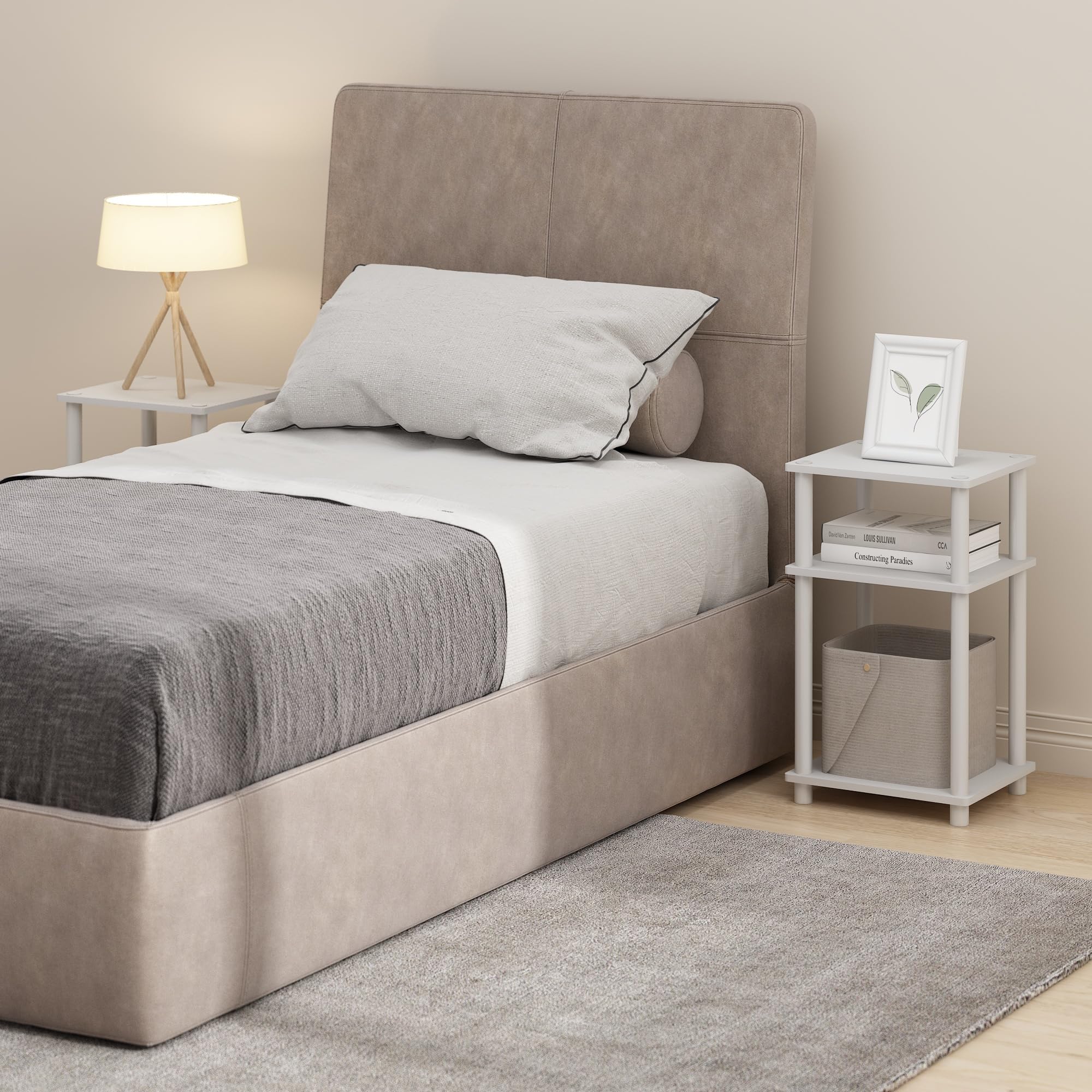 Furinno Just 3-Tier Turn-N-Tube Nightstand, 2-Pack, White/White