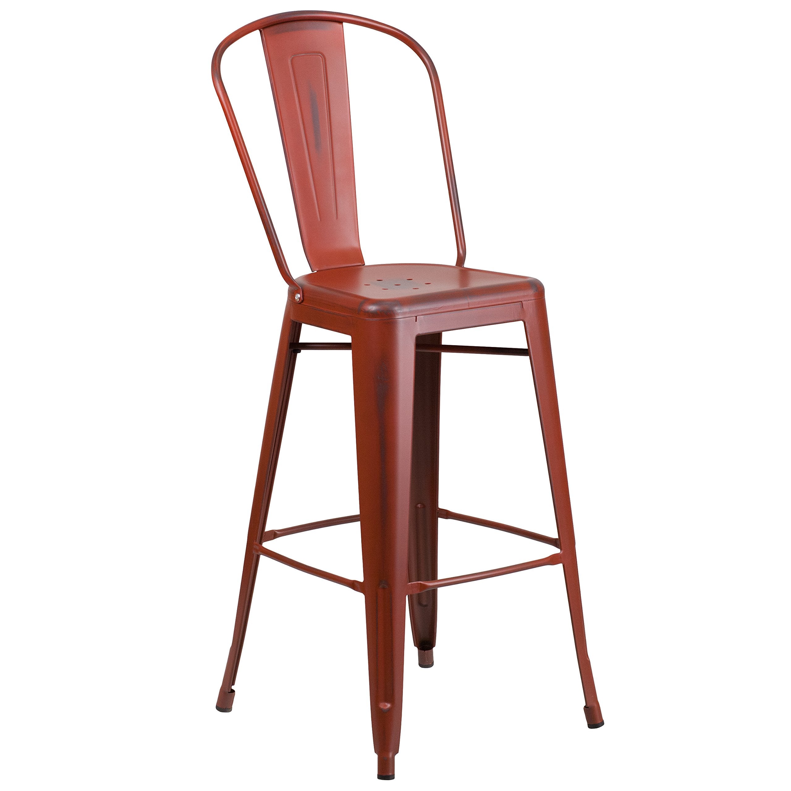 Flash Furniture Commercial Grade 30' High Distressed Kelly Red Metal Indoor-Outdoor Barstool With Back