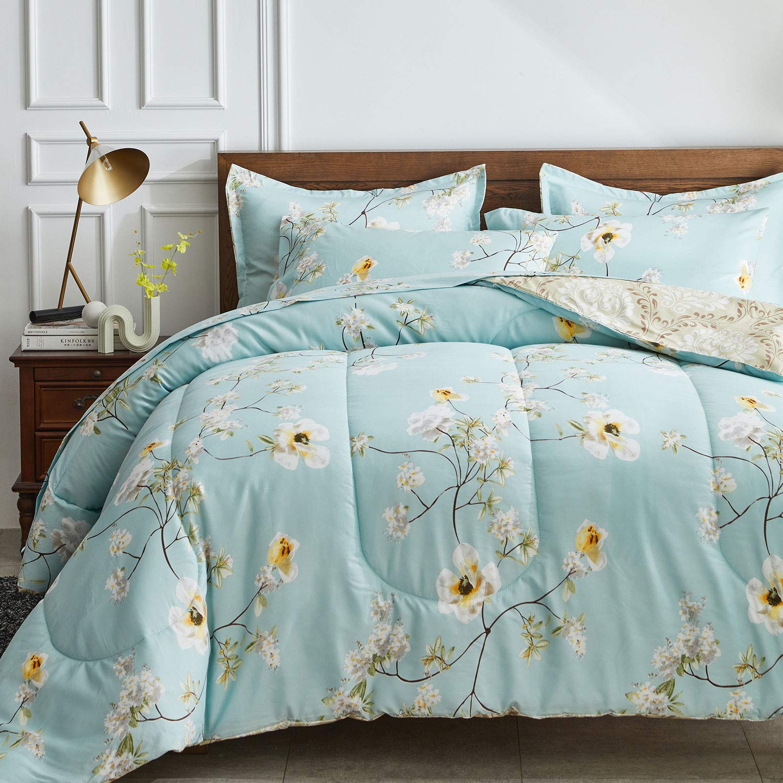 Joyreap 6 Piece Bed In A Bag Twin, Aqua Floral Elegant Design, Smooth Soft Microfiber Comforter Set For All Season (1 Comforter,