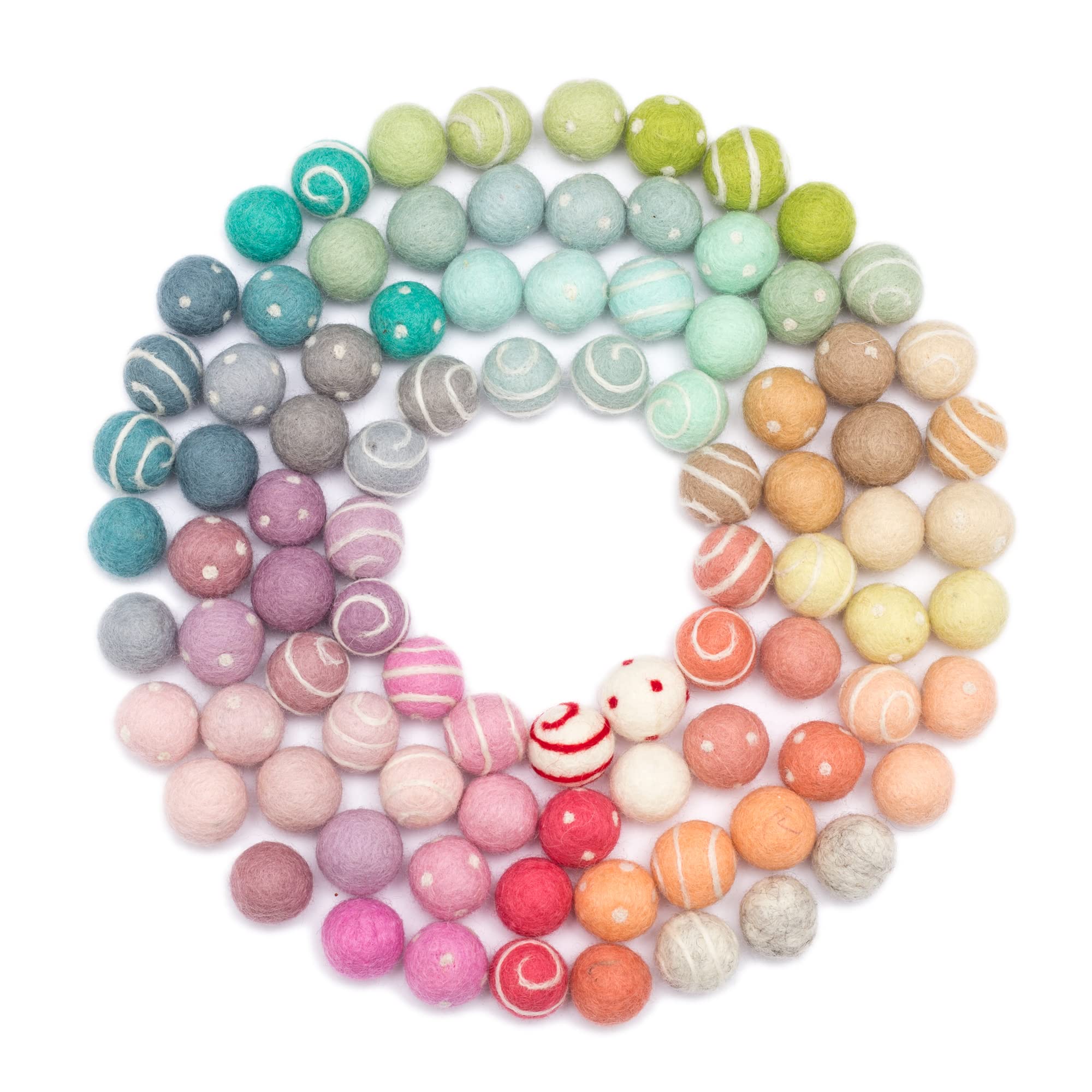 Glaciart One Felt Pom Poms, Wool Felt Balls with Swirls & Dots (90 Pieces) 2 cm - 0.8 Inch, Handmade Felted 30 Color Pastel Bulk