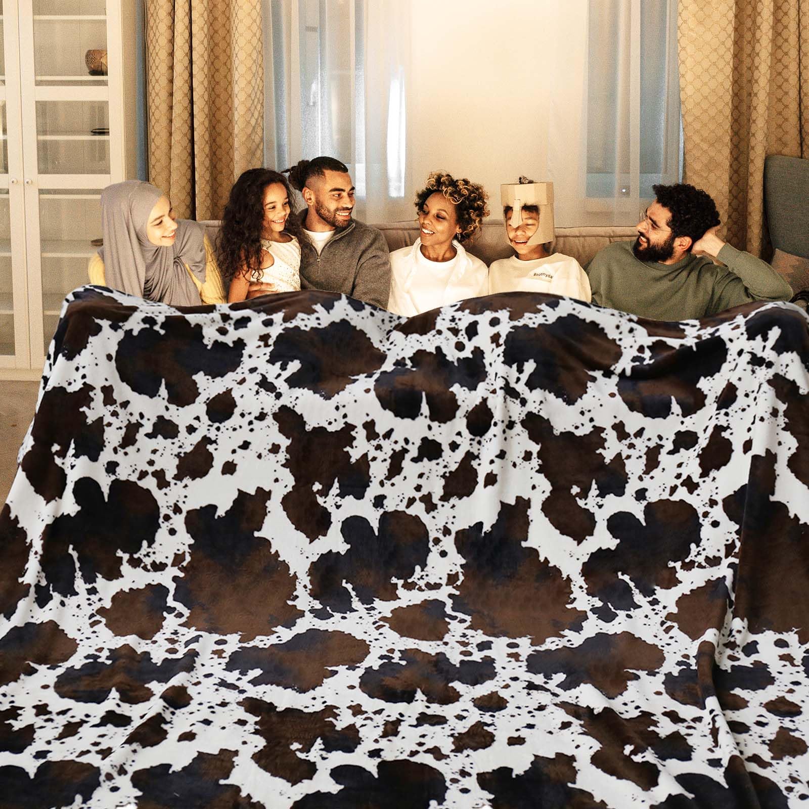 Bnuitland Brown Cow Print Blanket,Large Size 108X90 Inches, With Storage Pouch,300 Gsm Double Sided Brown White Outdoor Lap Thro