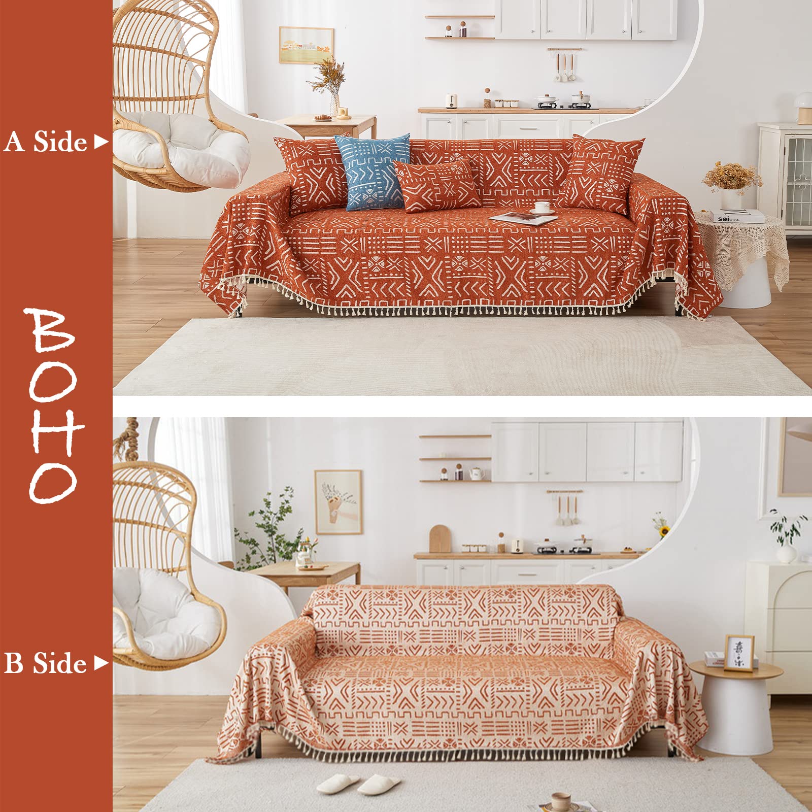 Handontime Boho Aztec Sofa Slipcover For Sofa/Couch Farmhouse Geometric Couch Protector For Dogs With Tassel Brick Orange Couch Covers Sofa Cover For Dogs Cats Kids Bohemian Sofa Décor, 71' X134'