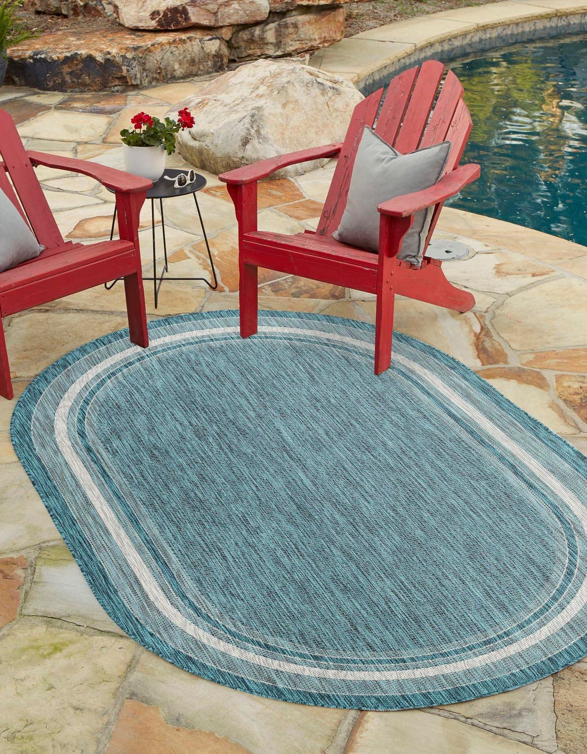 Unique Loom Outdoor Border Collection Area Rug - Soft Border (7' 10' X 10' Oval, Teal/ Ivory)