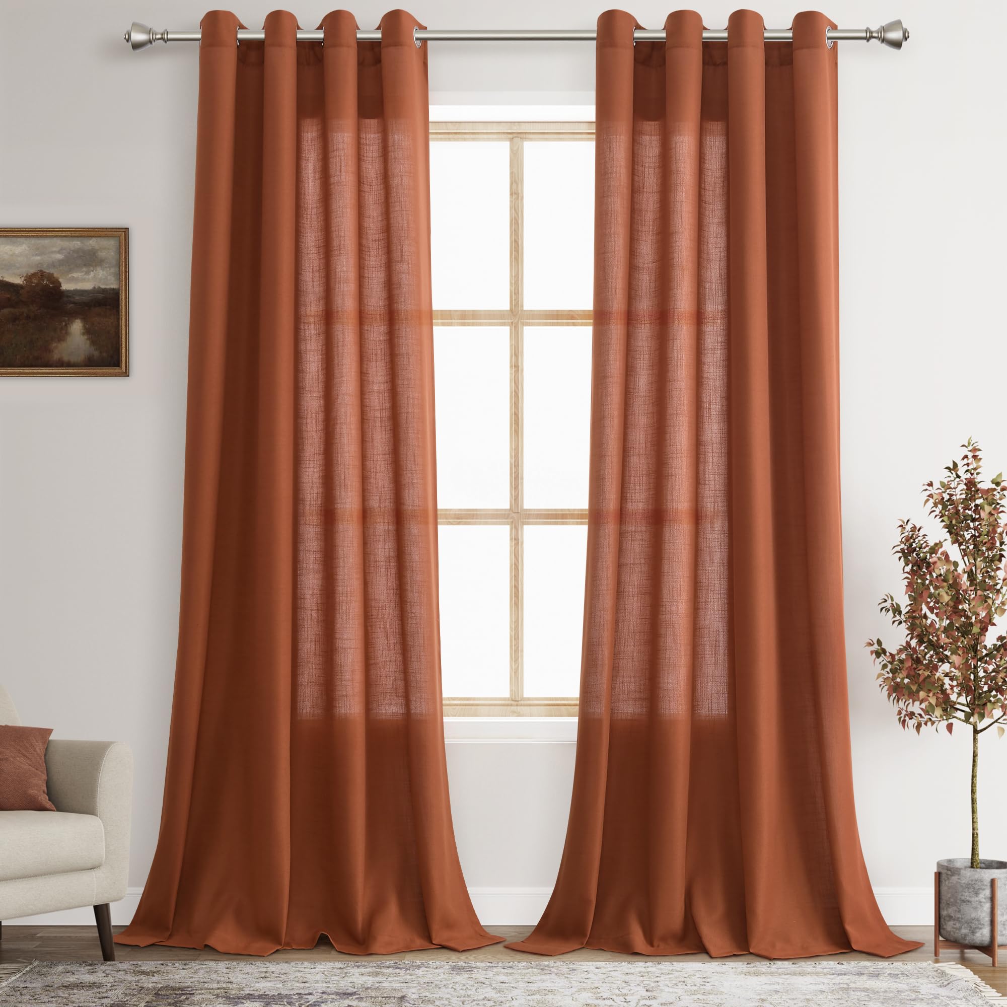 Linen Sheer Curtains 120 Inches Long 2 Panels Set Grommet Textured Light Filtering Terracotta Boho Living Room Curtains Modern M
