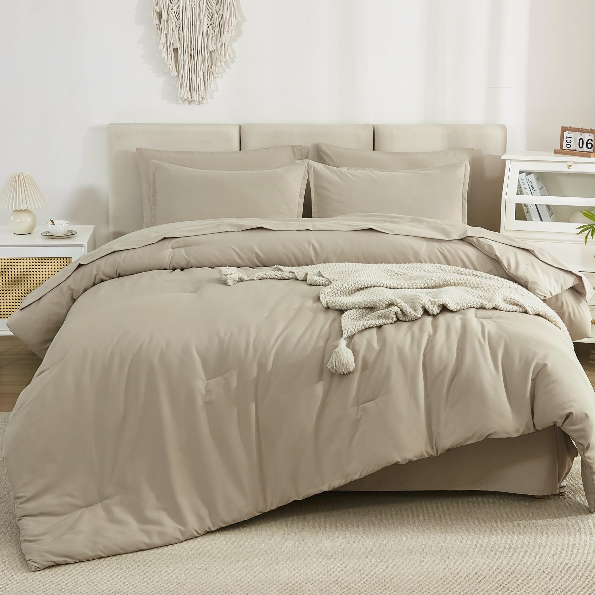 Litanika Comforter King Size Set Khaki - 7 Pieces Bed In A Bag King Beddding Comforter Sets, Plain Lightweight Bed Set With Comf