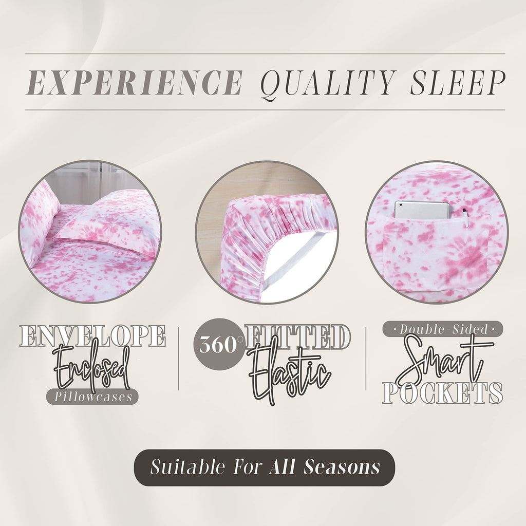 Elegant Comfort Aria Tie-Dye 4-Piece Sheet Set, 1500 Premium Hotel Quality Microfiber, Spiral Tie-Dye, Soft, Fade And Wrinkle Resistant, Fitted Sheet With Smart Pockets, 4Pc Tie-Dye Twin, Light Pink