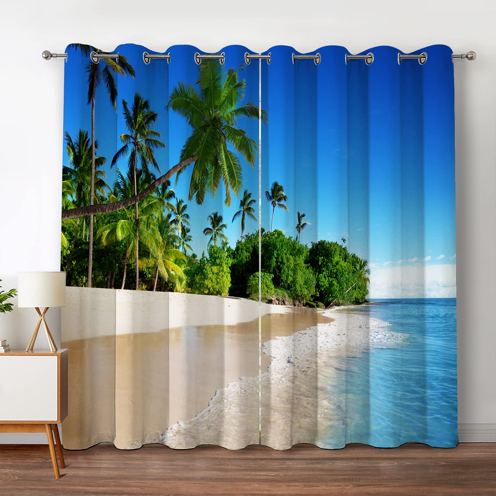 Jekeno Ocean Beach Palm Tree Blackout Curtains Tropical Blue Ocean Sky Sunny Seaside Scene Beach Decor For Bedroom Living Room G