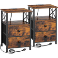Amhancible Night Stand Set 2, Nightstand With Charging Station, End Tables Living Room With Usb Ports And Outlets, Bedside Tables With Fabric Drawers For Bedroom, Rustic Brown Het05Xbr