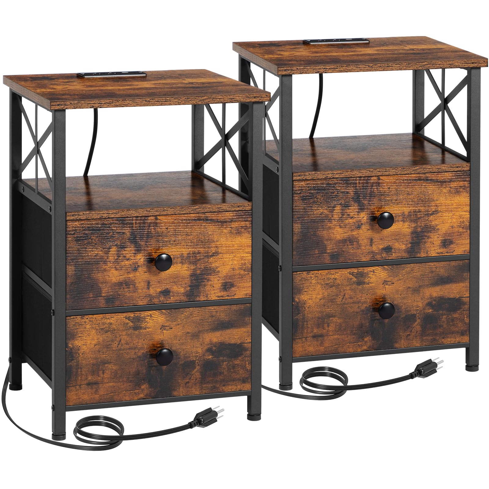 Amhancible Night Stand Set 2, Nightstand With Charging Station, End Tables Living Room With Usb Ports And Outlets, Bedside Tables With Fabric Drawers For Bedroom, Rustic Brown Het05Xbr