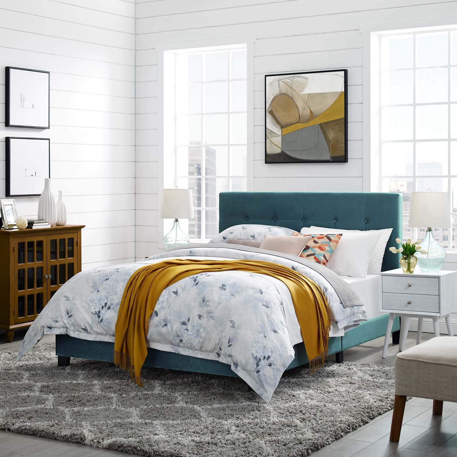 CasaFoyer Amira Performance Velvet Full Platform Bed | Chic & Comfortable | Stain-Resistant Fabric | Button-Tufted Headboard | Durable Wood Frame | Non-Marking Foot Caps | Reinforced Center Beams | Fits Various Mattresses | Elegant Bedroom Centerpiece