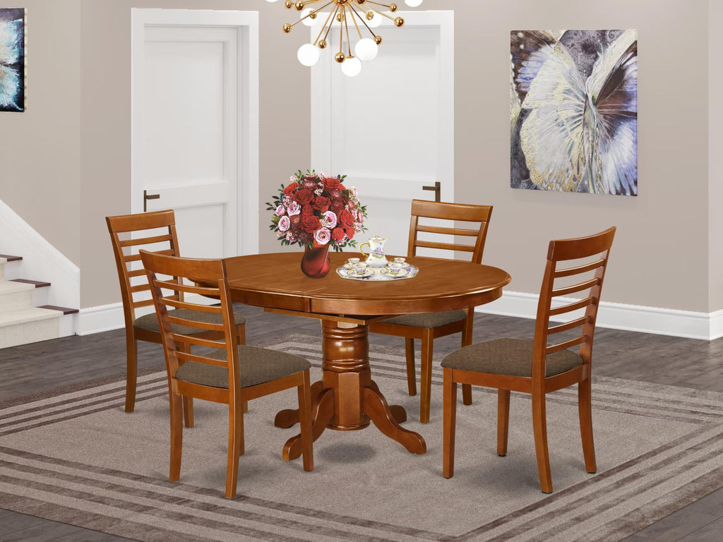 East West Furniture AVML5-SBR-C 5 Piece Dinette Set for 4 Includes an Oval Dining Room Table with Butterfly Leaf and 4 Linen Fabric Upholstered Dining Chairs, 42x60 Inch, Saddle Brown