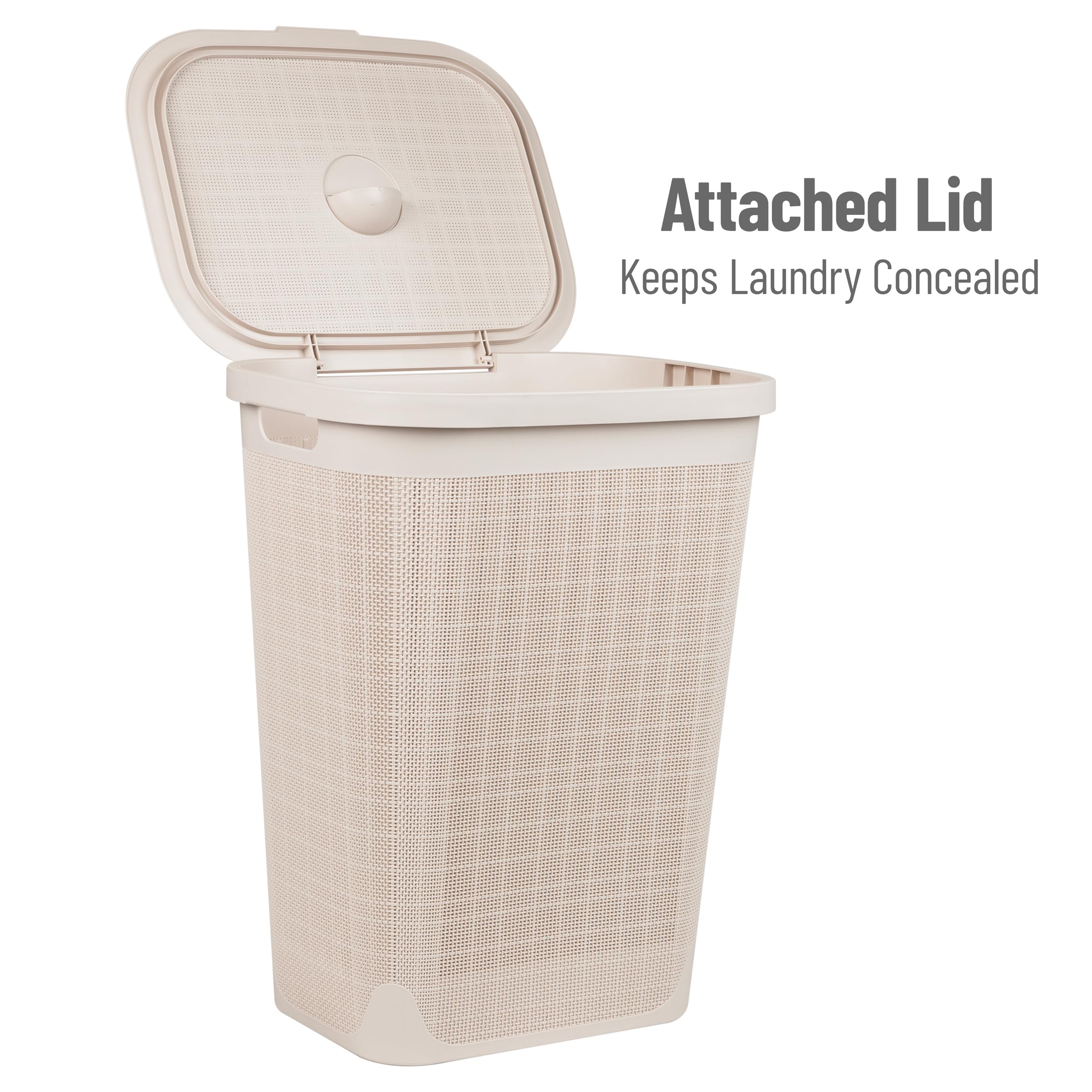 Mind Reader 60L Slim Laundry Hamper, Clothes Basket, Lid, Linen Design, Plastic, 18.25   L X 14.25   W X 23.5   H, Ivory