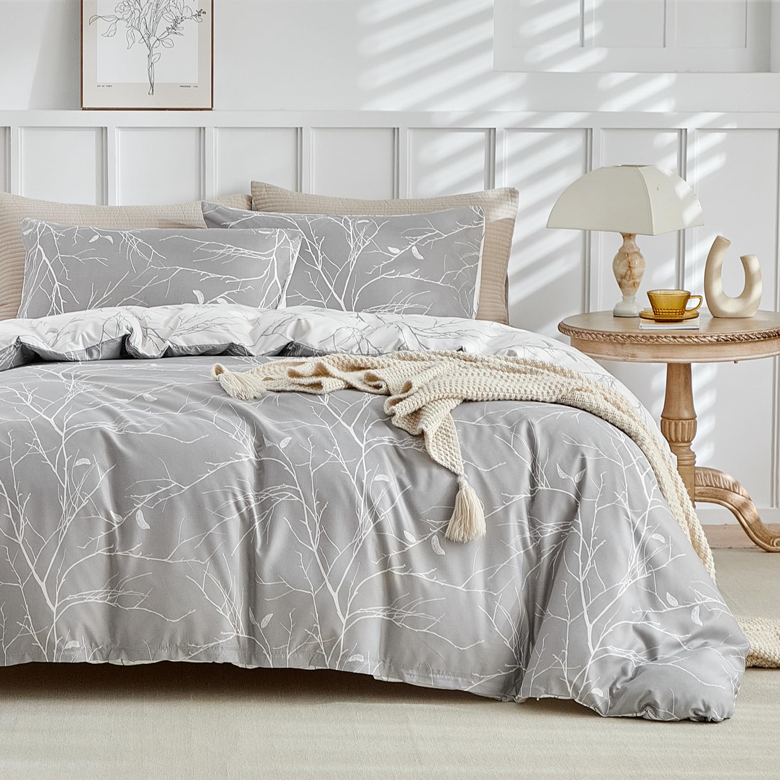 Lekesky Reversible Duvet Cover King Size, Grey White Branch Comforter Cover King 3Pcs Microfiber Botanical Bedding Set With Zipp
