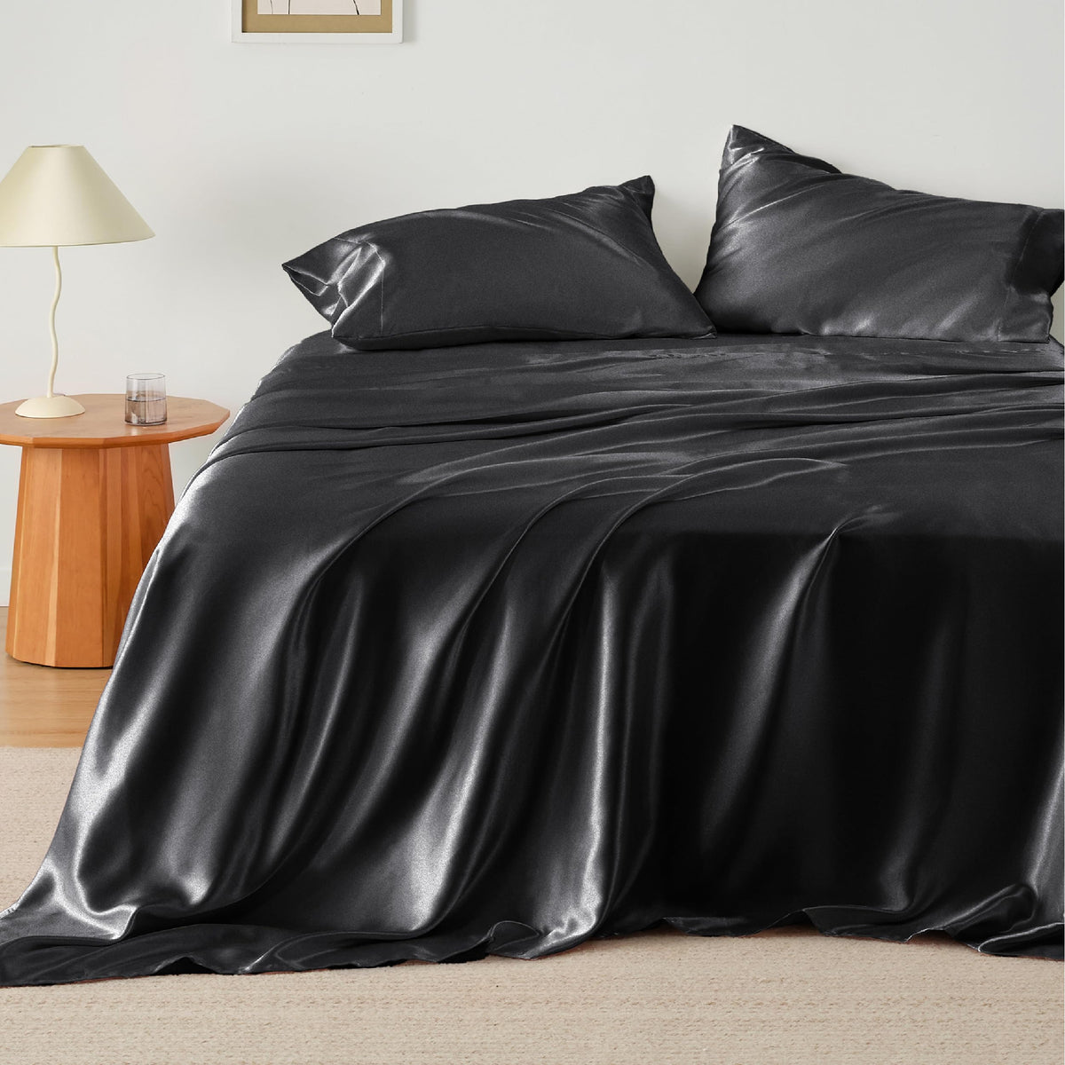 Bedsure Satin Sheets Queen Size - Similar To Silk Sheets, Silky Bedsheet, Luxury & Ultra Soft, Non-Fading & Wrinkle Free, Good For Hair & Skin, Gifts For Women, 4 Pieces, Black