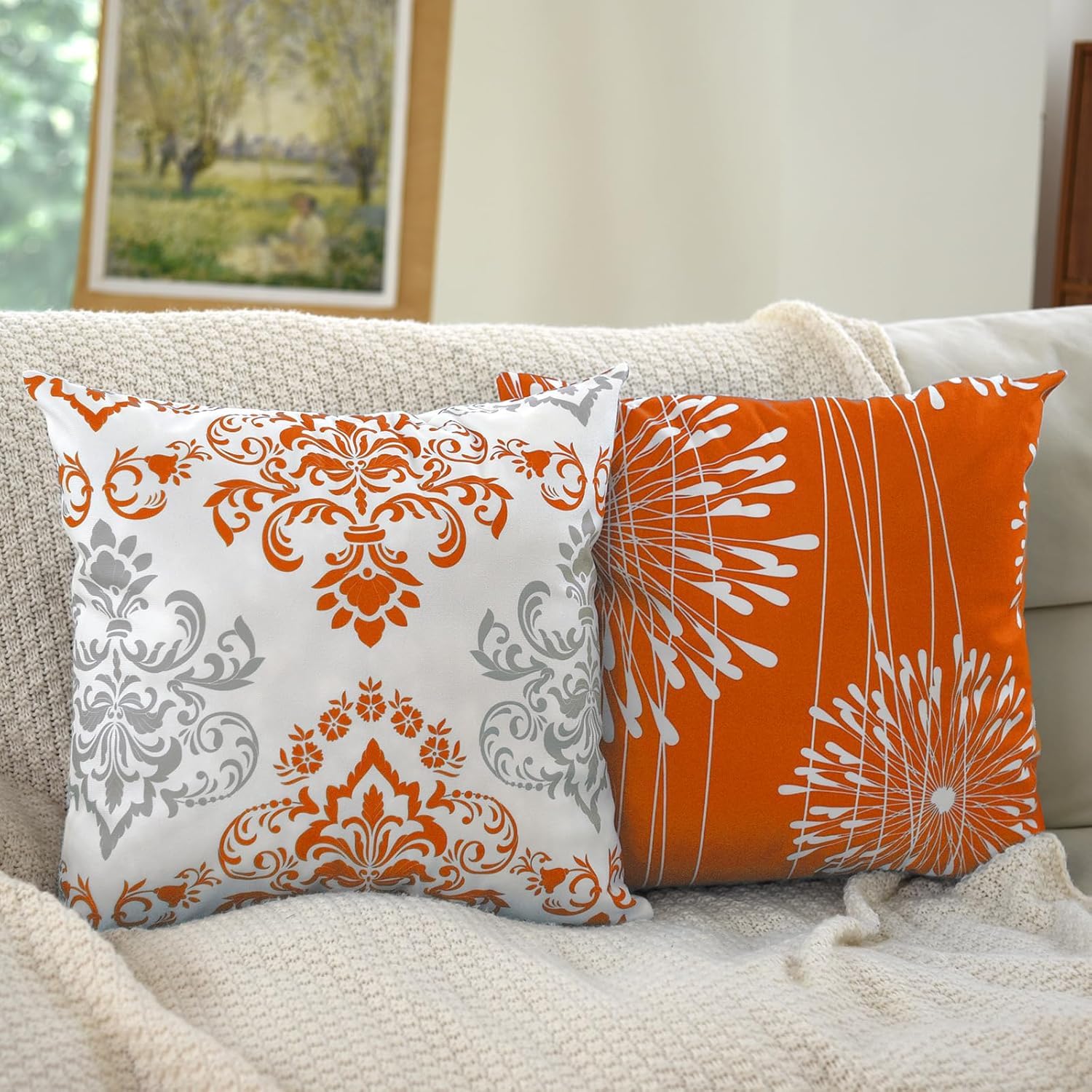 Decorative Throw Pillow Covers 16X16 Inch Set Of 4,Orange And White Modern Simple Square Pillow Case Cushion Cover For Sofa Couc