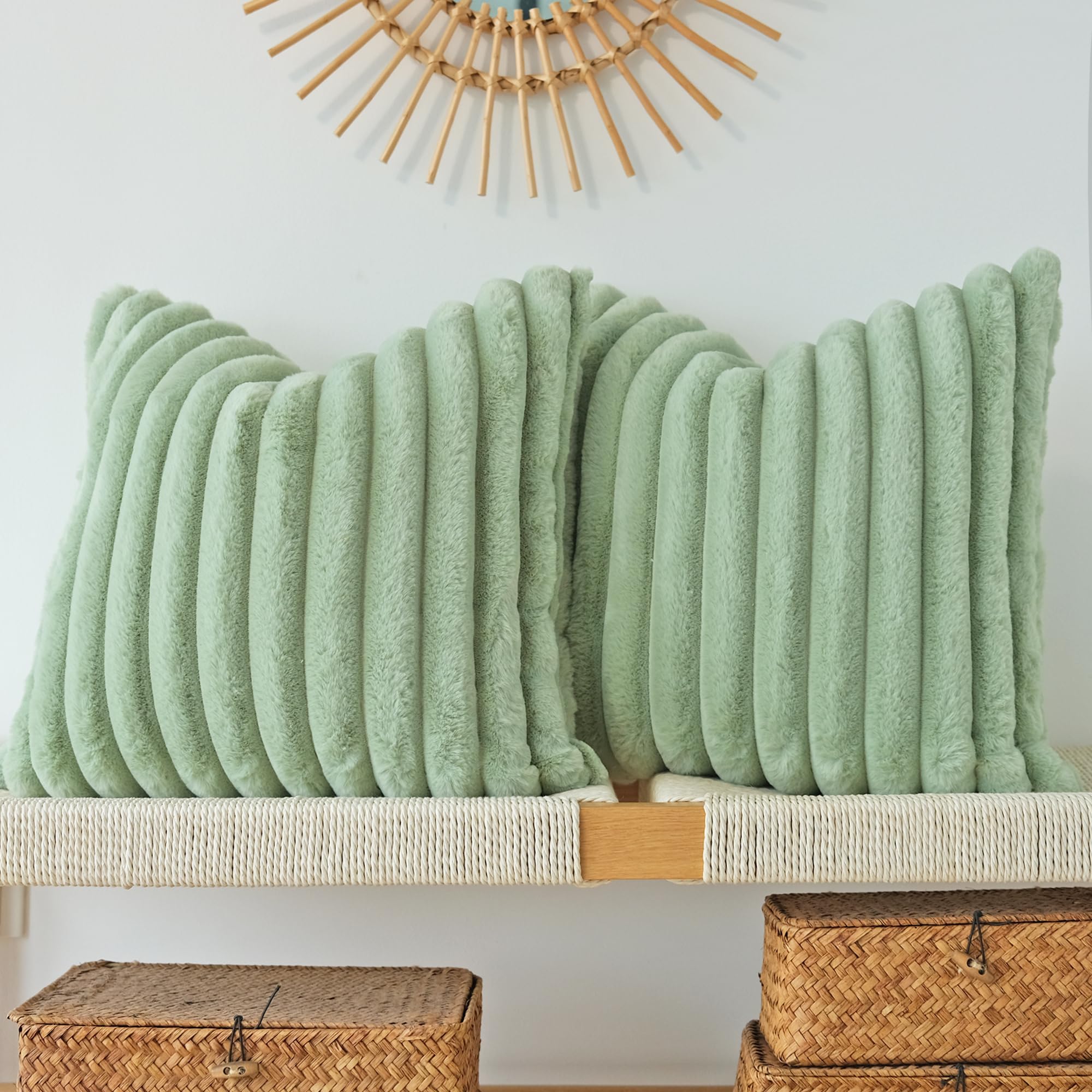 Jojusis Pack Of 2 Faux Fur Plush Decorative Throw Pillow Covers Couch Cushion Case Soft Pillowcases (Sage Green, 22 X 22-Inch)