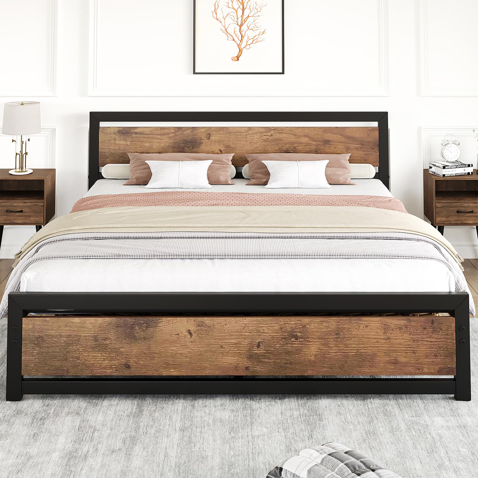IDEALHOUSE King Size Bed Frame with Wooden Headboard and Footboard, Industrial King Bed Platform No Box Spring Needed, 14 Inch E