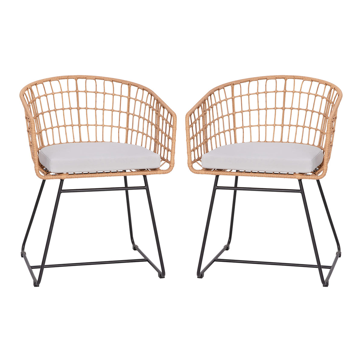 Flash Furniture Devon Set of 2 Patio Boho Club Chairs - Rope with Natural Finish PE Wicker Rattan - Light Gray Seat Cushions and Sled Base - Indoor/Outdoor Use