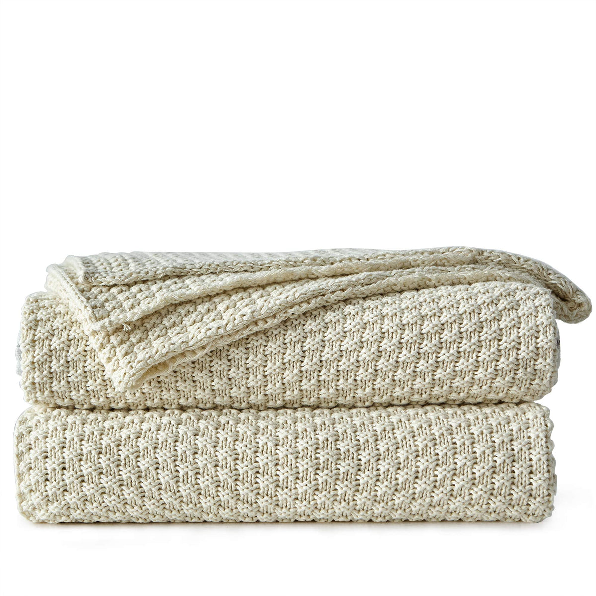 Longhui Bedding Cream Knitted Throw Blanket For Couch, Soft, Cozy Machine Washable 100% Cotton Sofa Knit Blankets, Heavy 3.0Lb W