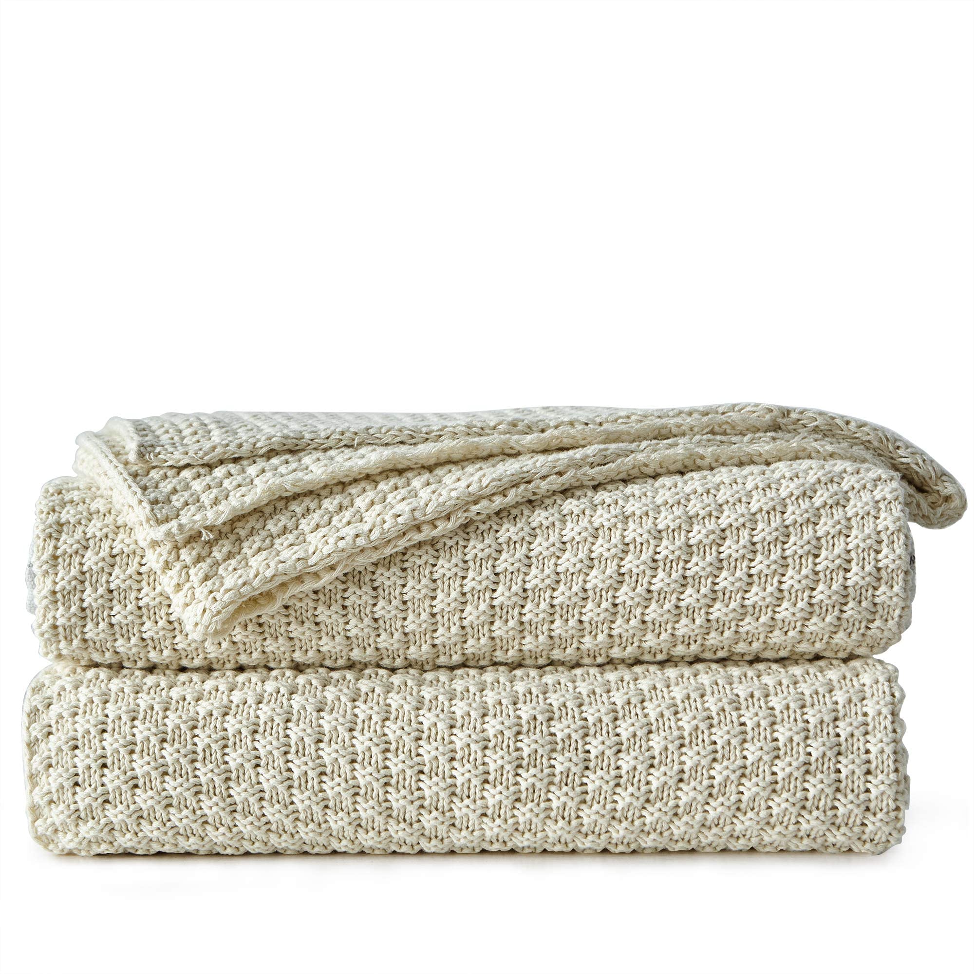 Longhui Bedding Cream Knitted Throw Blanket For Couch, Soft, Cozy Machine Washable 100% Cotton Sofa Knit Blankets, Heavy 3.0Lb W