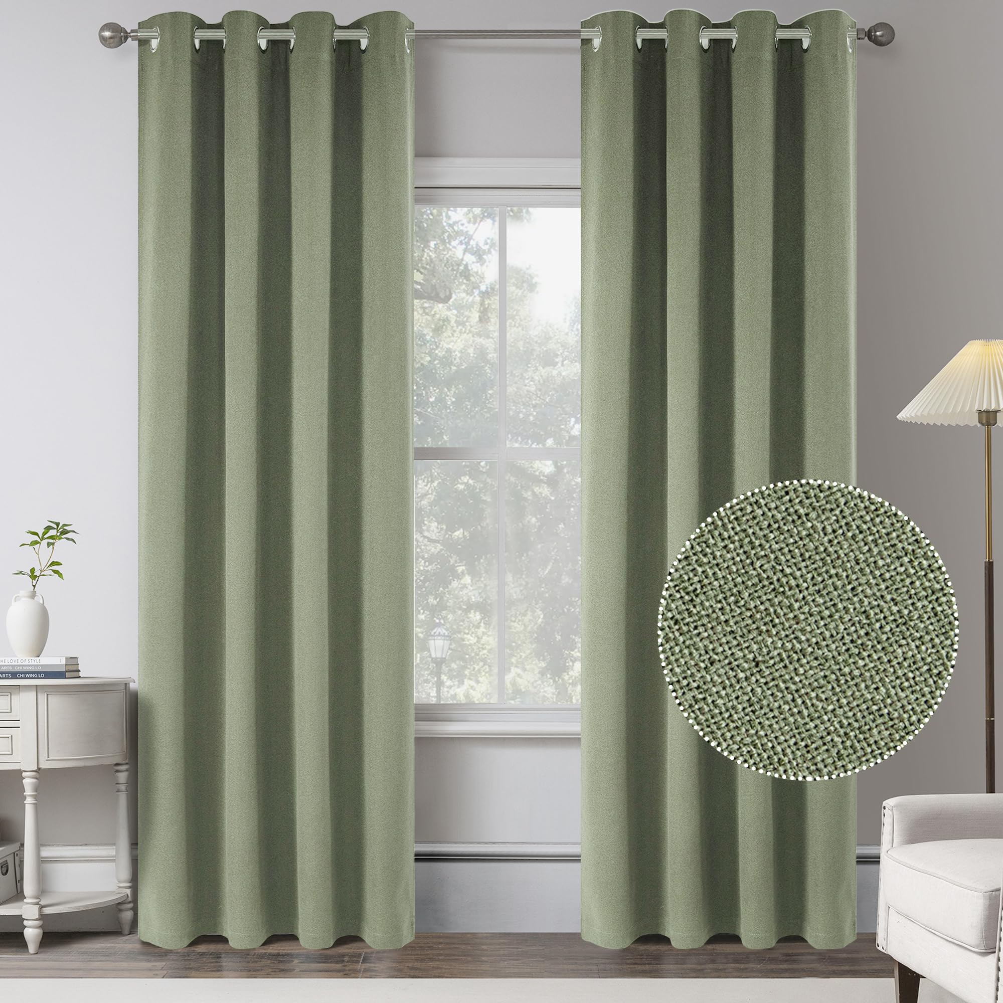 Full Blackout Linen Curtains for Bedroom -2 Panels 108 Inches Extra Long Thermal Insulated Solid Grommet Burlap Fabric Window Cu