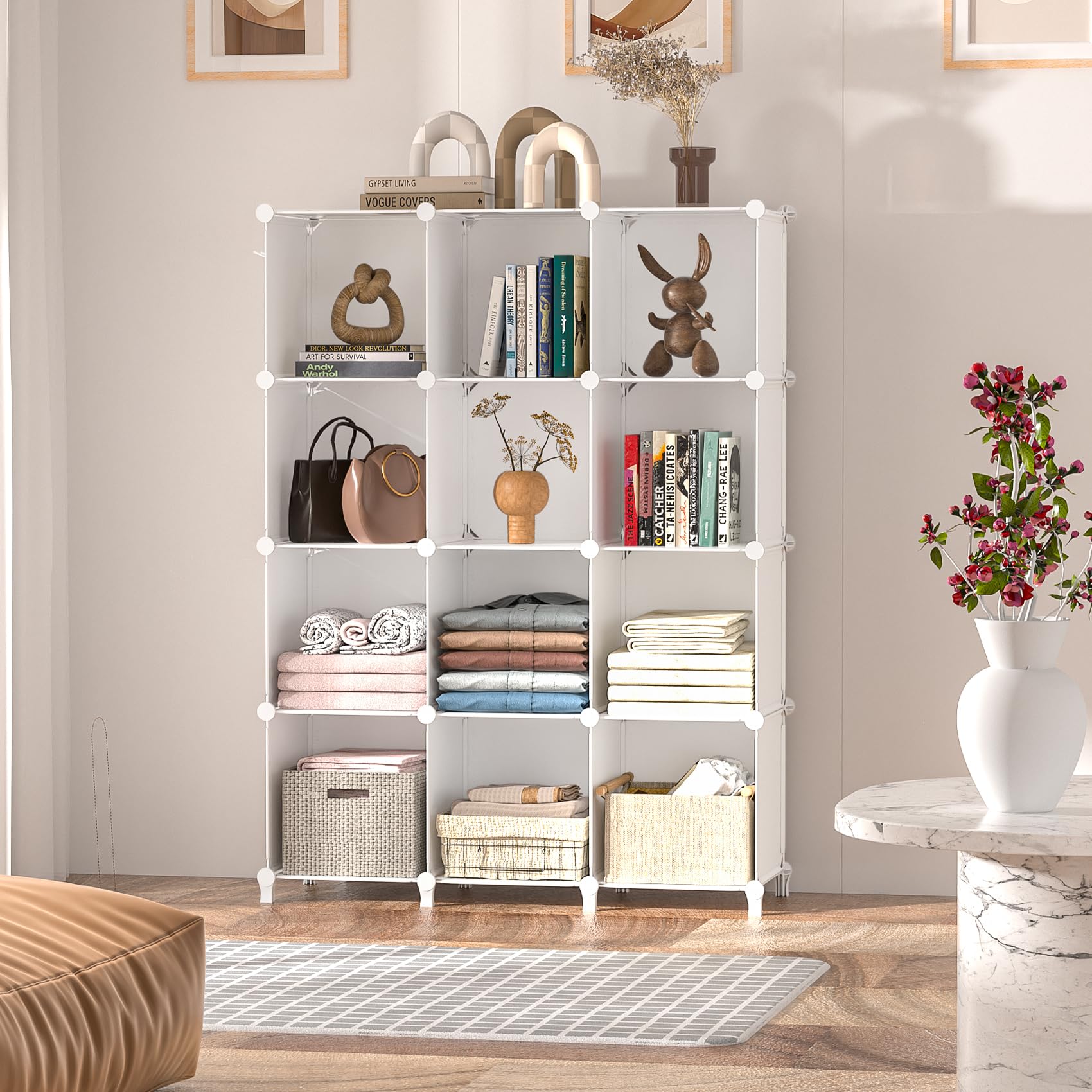 Closet Organizer, 12 Cubby Storage Organizer,Book Shelf,Clothes Storage,Yarn Storage For Bedroom Organization(White)
