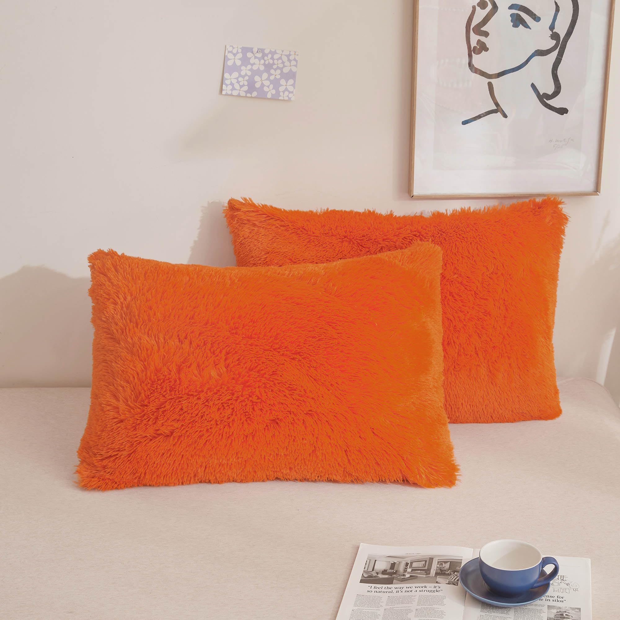 Xege Faux Fur Fluffy Pillow Cases, Soft Plush Shaggy Furry Orange Pillowcases, Velvet Fuzzy Decorative Throw Pillow Covers For Bed Couch, Zipper Closure, Set Of 2(Standard Size, Orange)