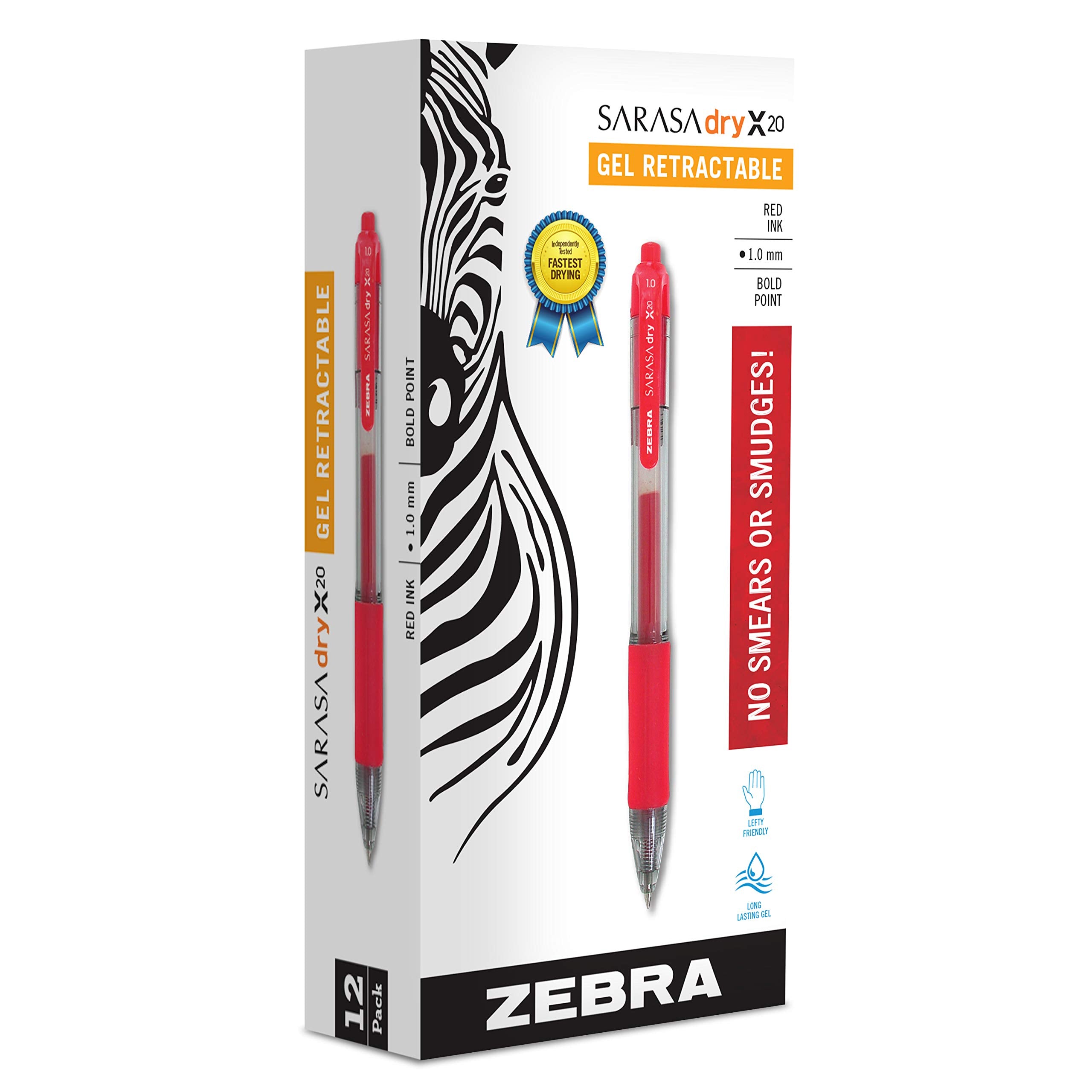 Zebra Pen Sarasa Dry X20 Retractable Gel Pen, Bold Point, 1.0Mm, Red Ink, 12-Pack