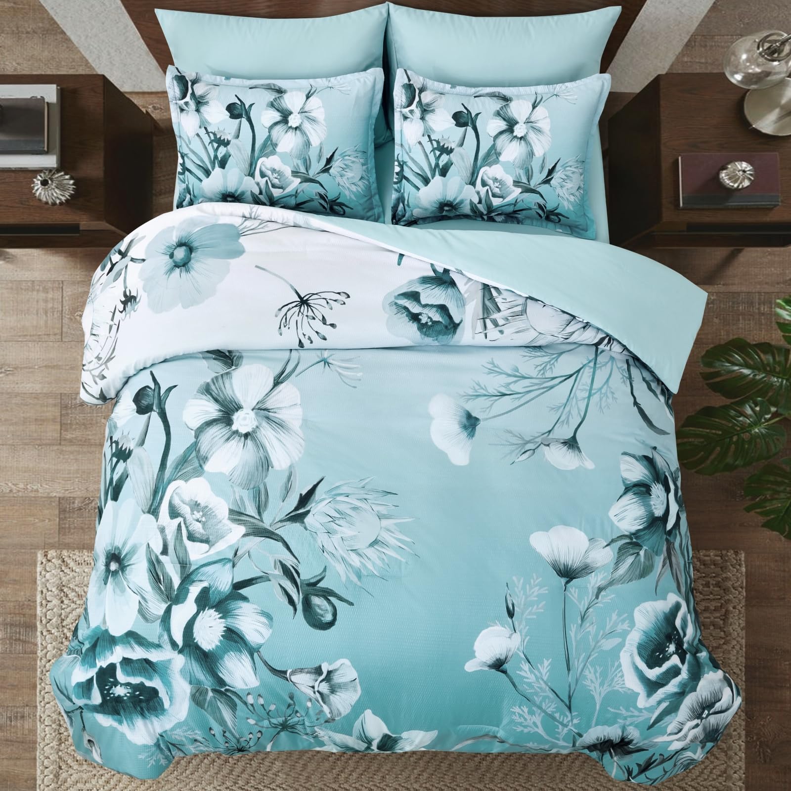 Luxudecor Floral Comforter Set King Size 7 Piece, Aqua Flower Bed In A Bag, Elegant Gradient Floral Comforter With Sheet Set, So