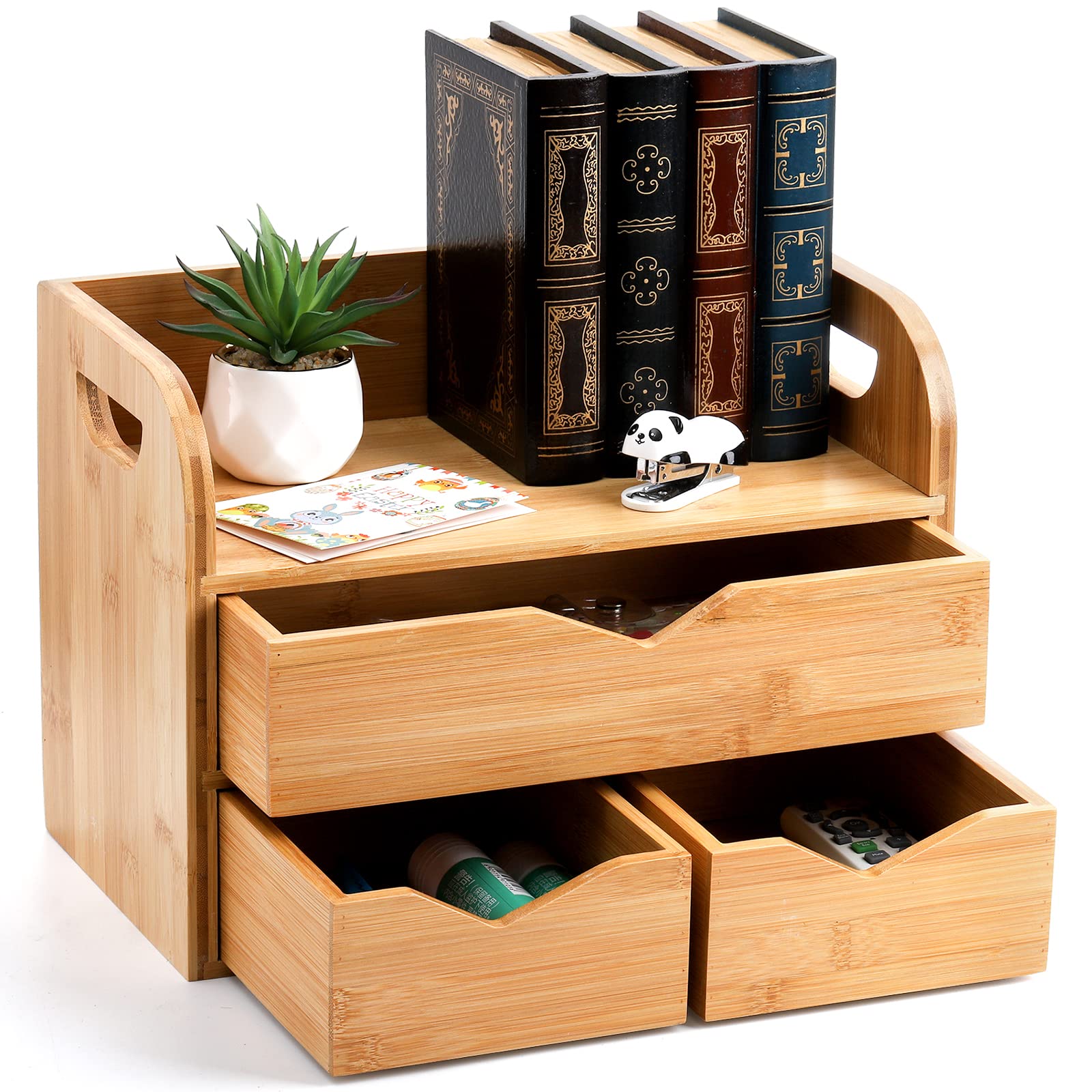 Hacaroa 3 Tier Bamboo Desktop Organizer With 3 Drawers, Mini Tabletop Craft Box Cosmetic Storage Drawer With Handle, Portable De