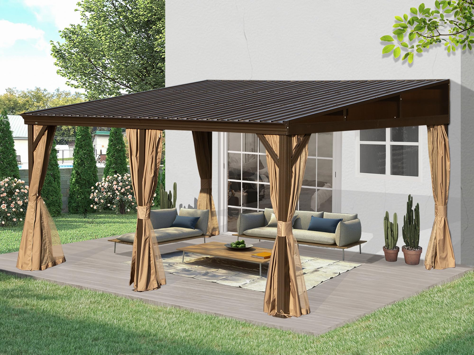 Domi 12X16Ft Lean To Gazebo, Hardtop Wall Mounted Gazebo With Sloping Galvanized Steel Roof, Aluminum Frame, Drainage System, Cu
