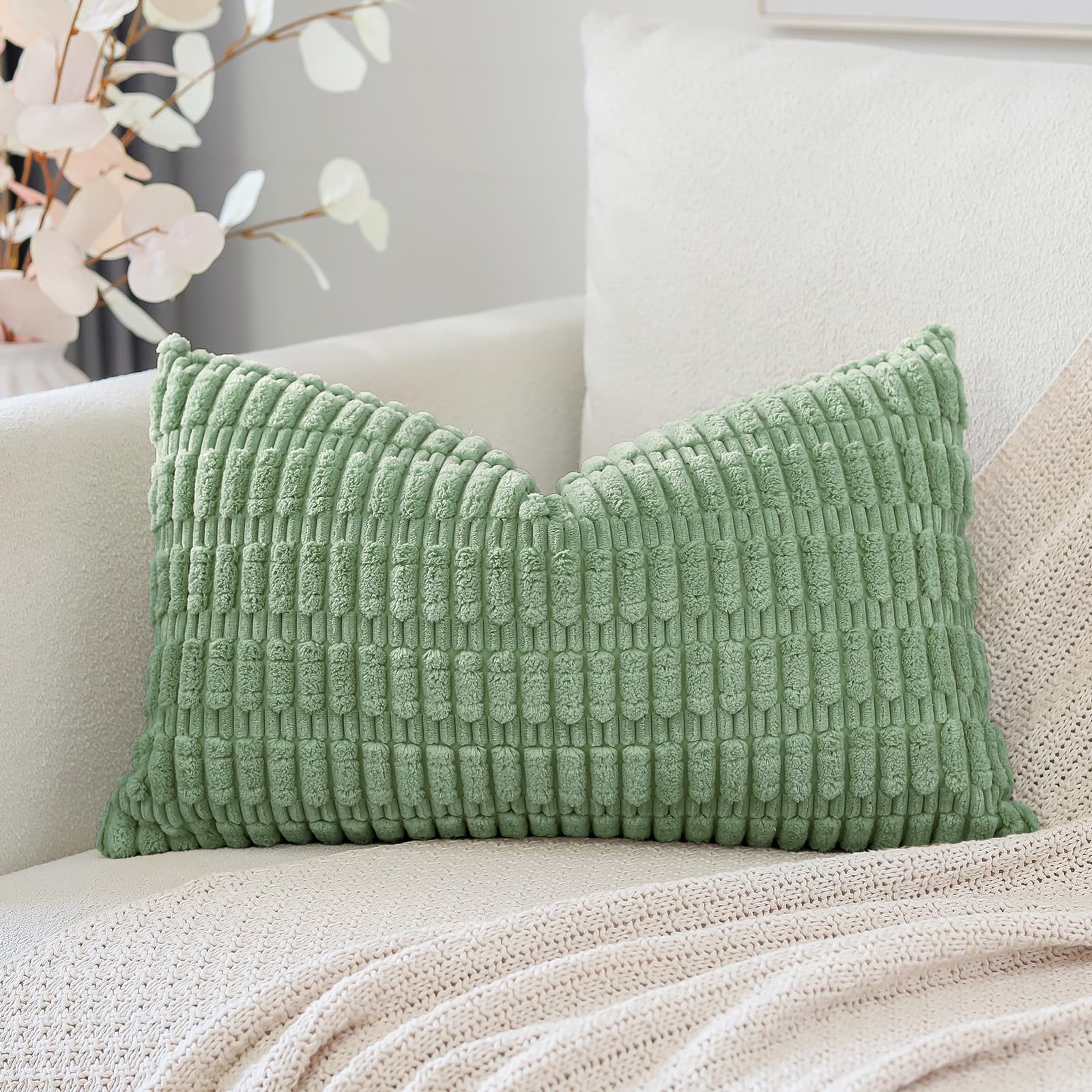 Otostar Corduroy Decorative Throw Pillow Covers 12X20 Inch Super Soft Boho Striped Rectangle Pillow Covers Case Modern Cushion Covers For Sofa Couch Bedroom Car Decor Sage Green