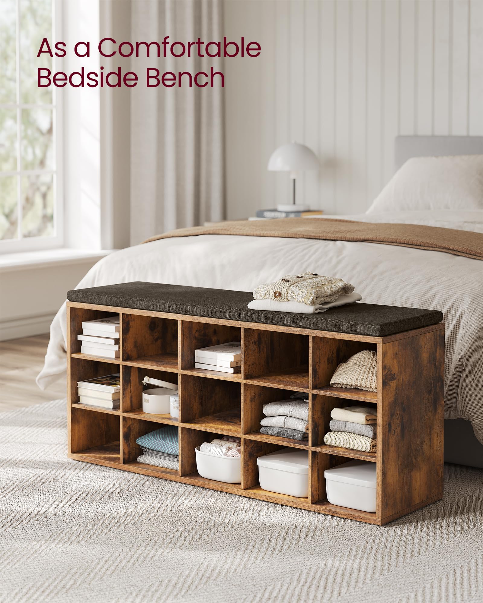 Vasagle Shoe Bench With Cushion, Storage Bench With Padded Seat, Entryway Bench With 15 Compartments, For Bedroom, 11.8 X 41.3 X 18.9 Inches, Rustic Brown And Chestnut Brown Ulhs15Bx