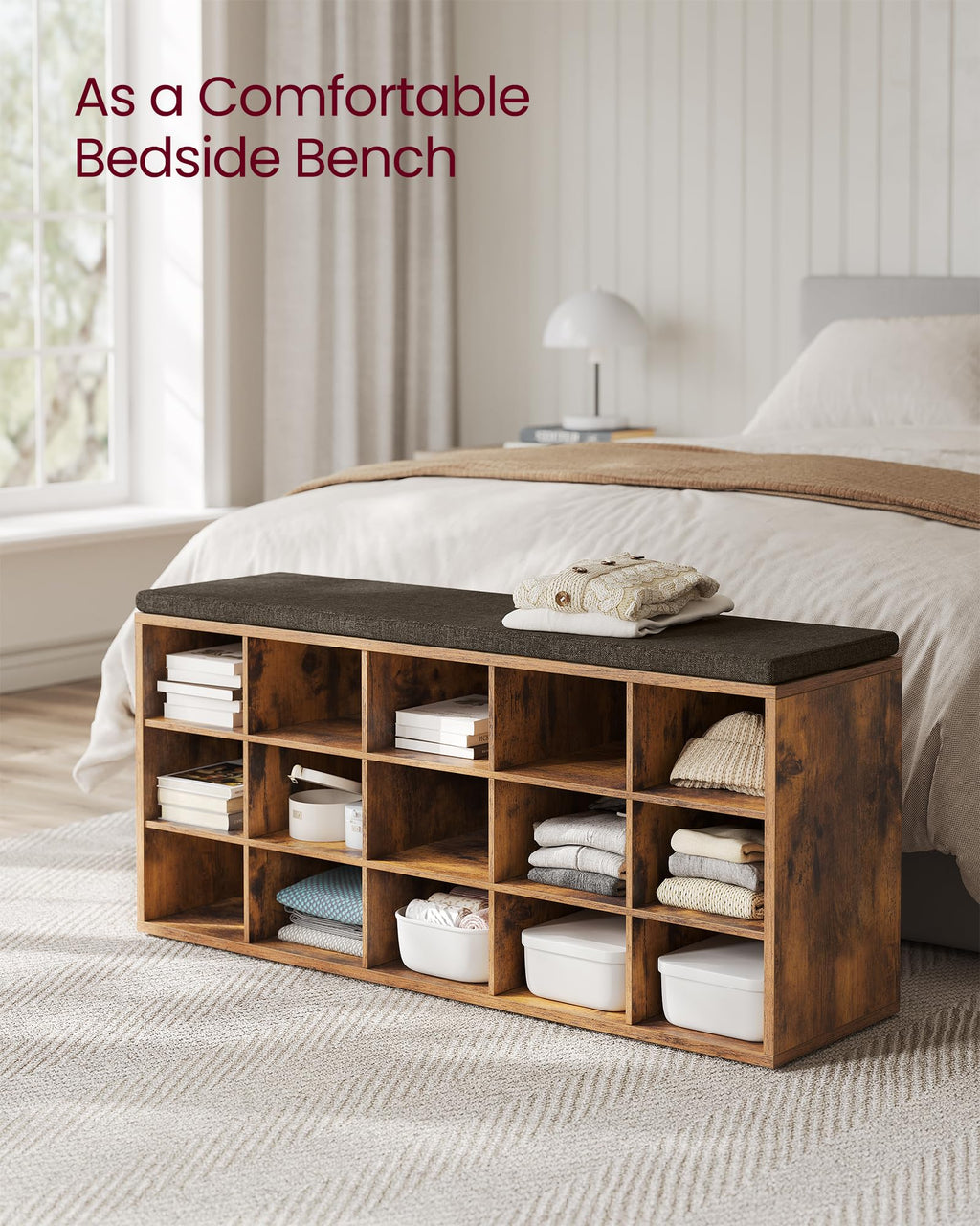 Vasagle Shoe Bench With Cushion, Storage Bench With Padded Seat, Entryway Bench With 15 Compartments, For Bedroom, 11.8 X 41.3 X 18.9 Inches, Rustic Brown And Chestnut Brown Ulhs15Bx