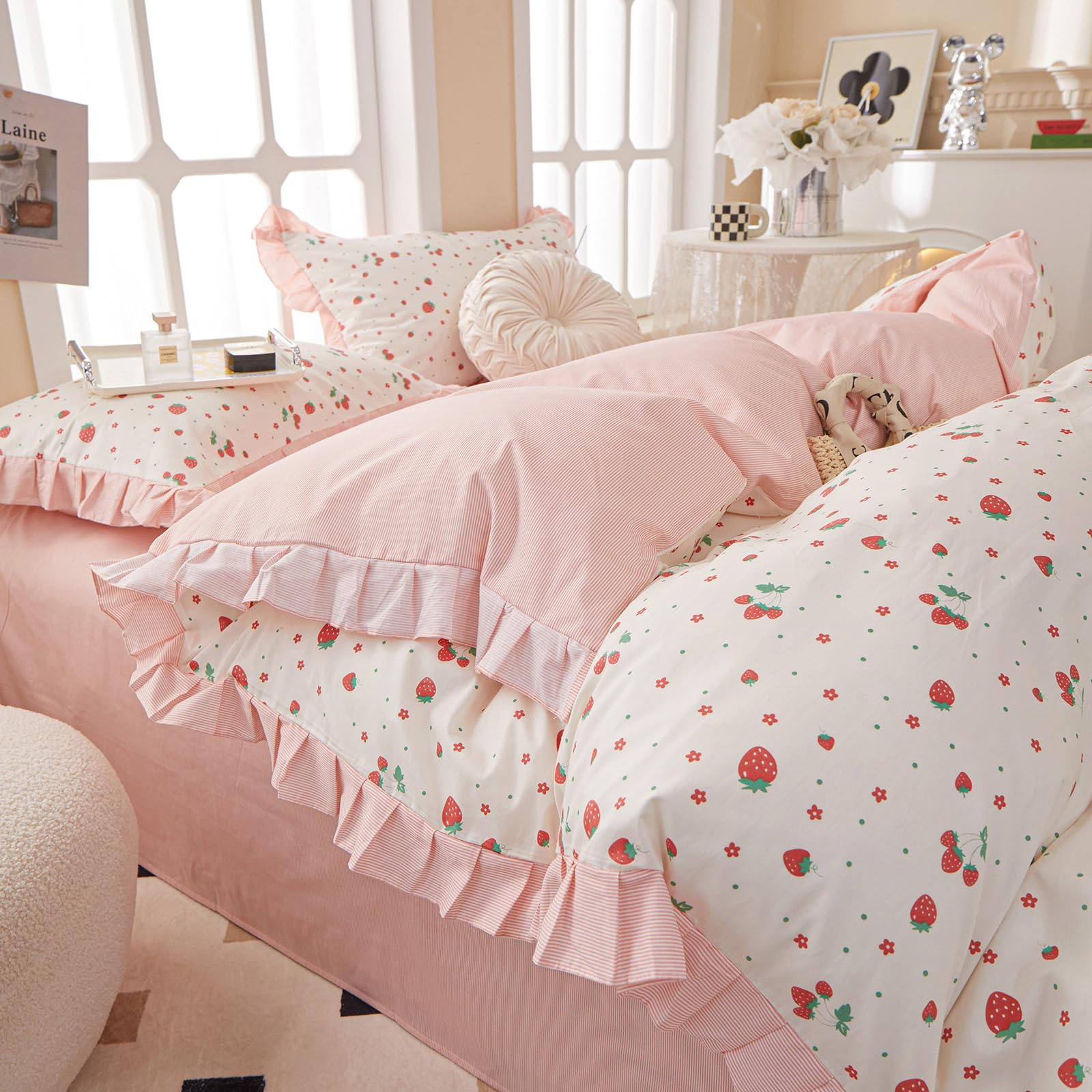 Kawaii Pink Strawberry Duvet Cover Queen Cotton Girls Lace Duvet Cover Cute Ruffle Strawberry Bedding Set Kawaii Strawberry Ruff
